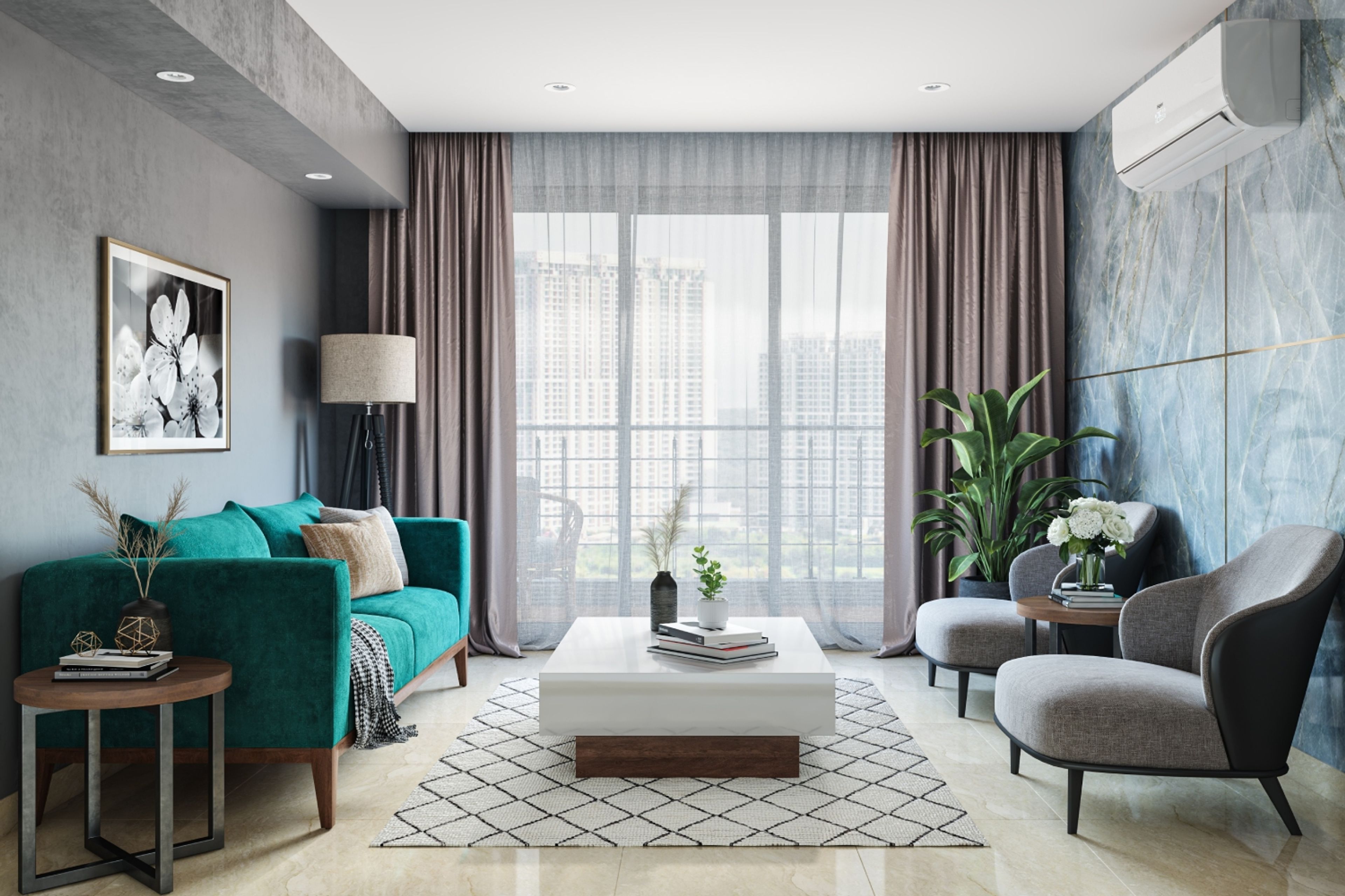 Blue And Grey Living Room Design With Turquoise Seater And White Coffee Table - Livspace - Livspace