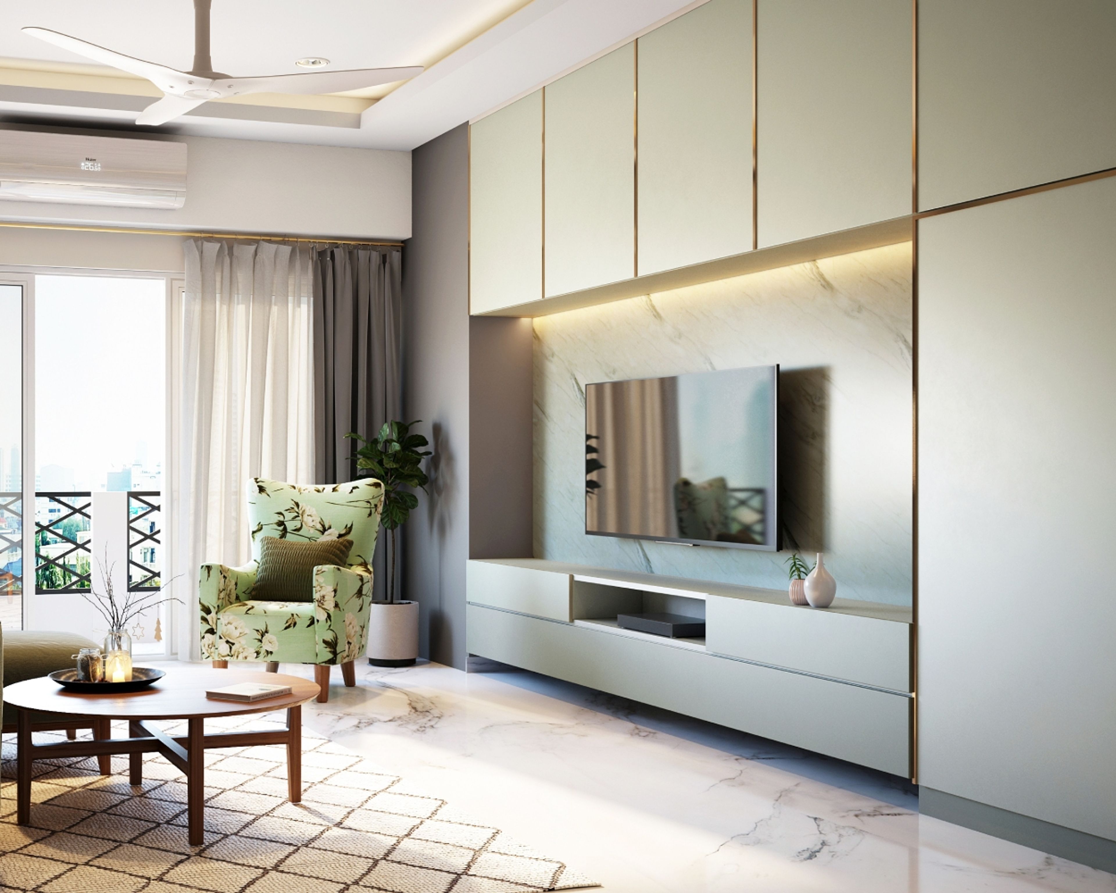 Modern TV Unit Design With Marble Back Panel