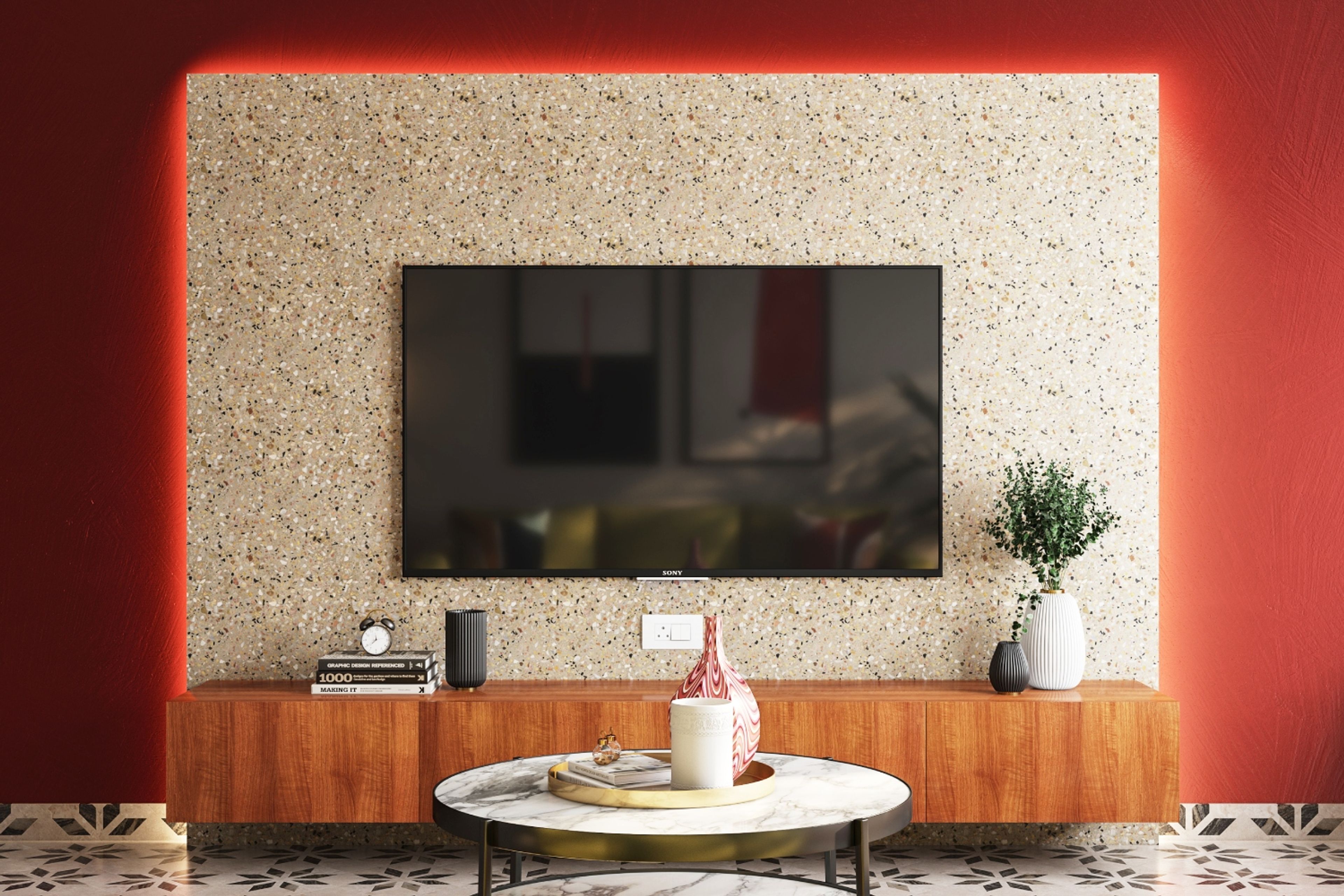 Brick Red And Beige Wall Design - Livspace