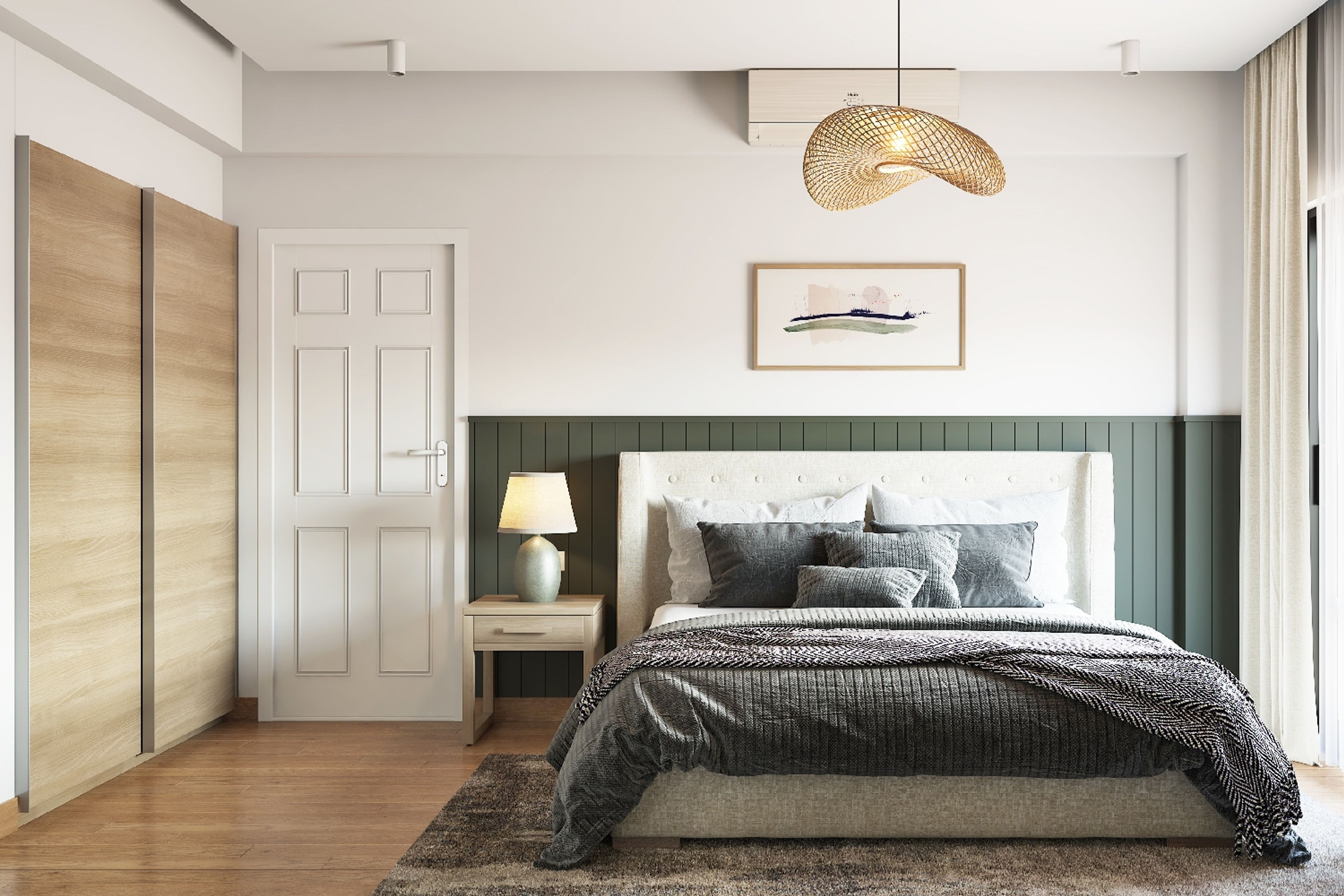 White And Olive Green Wall Design For Bedrooms - Livspace