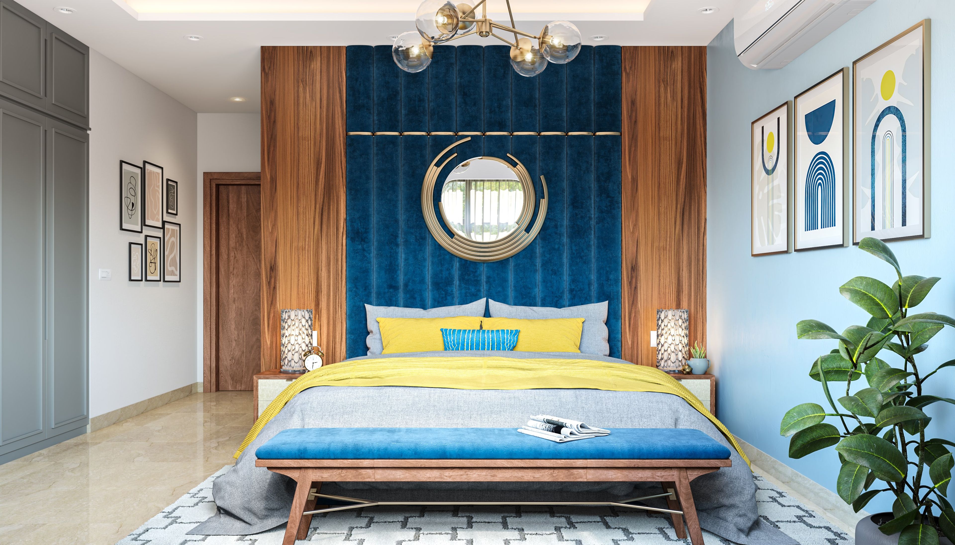 Eclectic Bedroom Design With A Queen Size Bed With A Blue Velvet Headboard