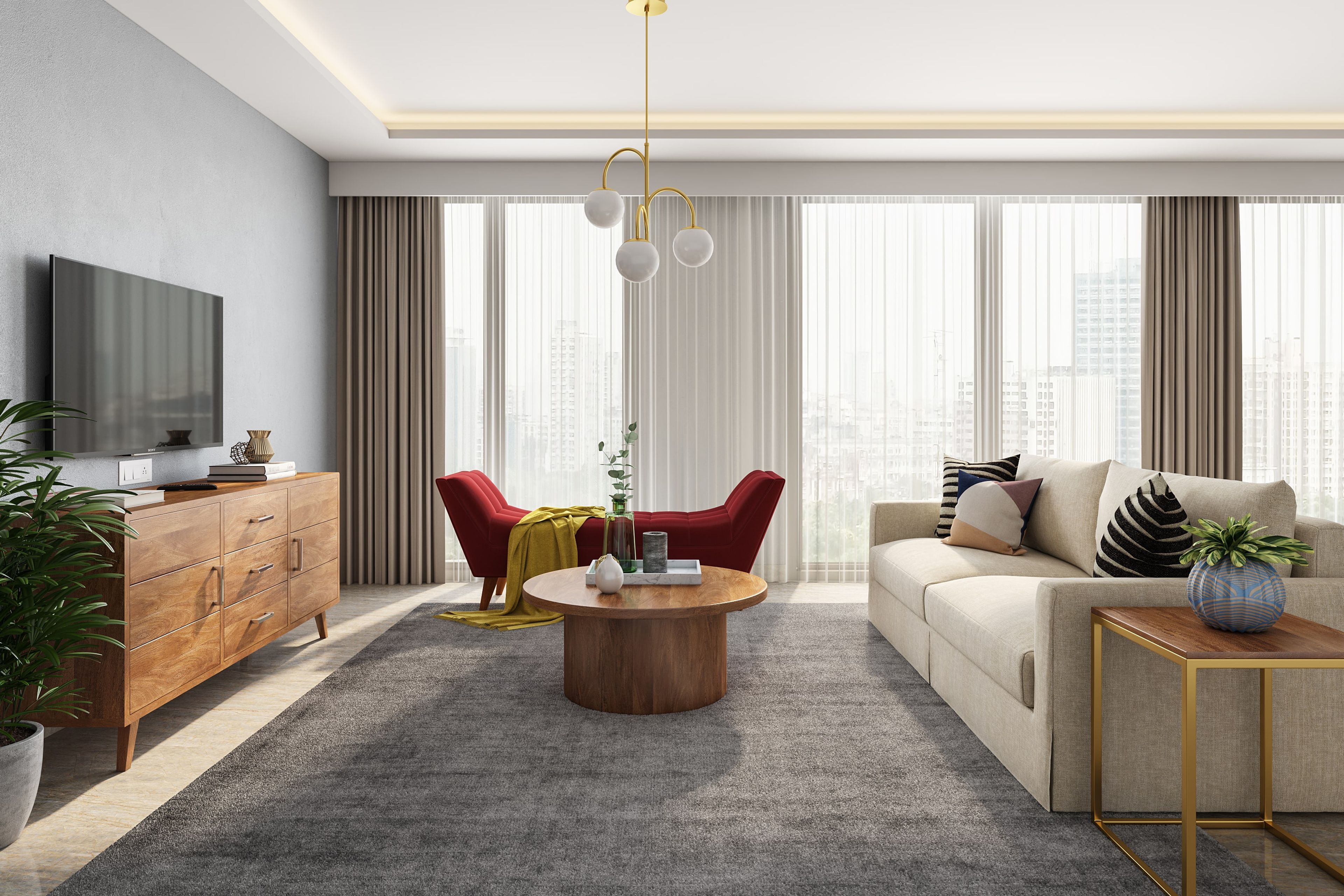 Living Room Design With A Wooden Coffee Table - Livspace