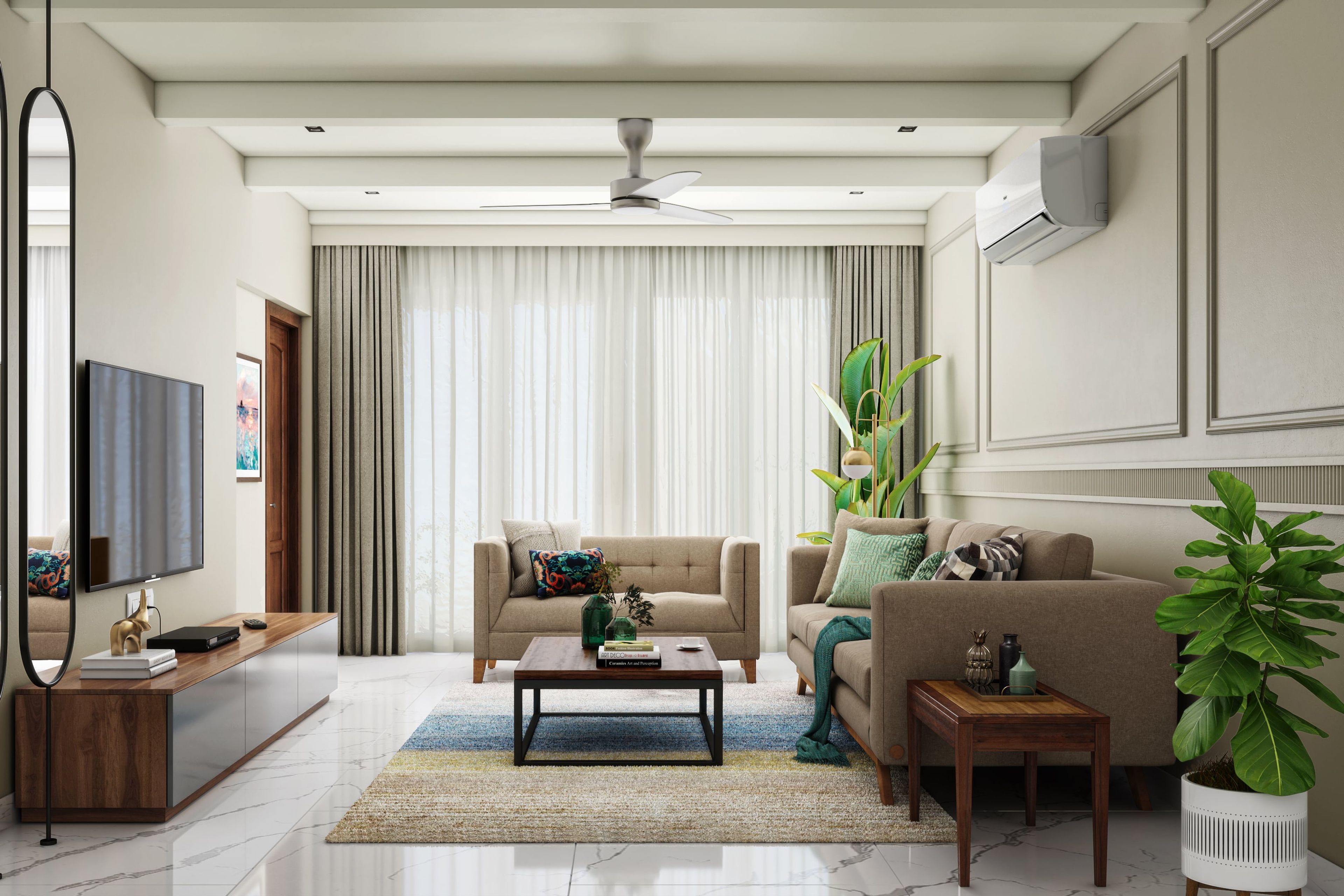 Living Room Design With A Brown 3-Seater Sofa - Livspace