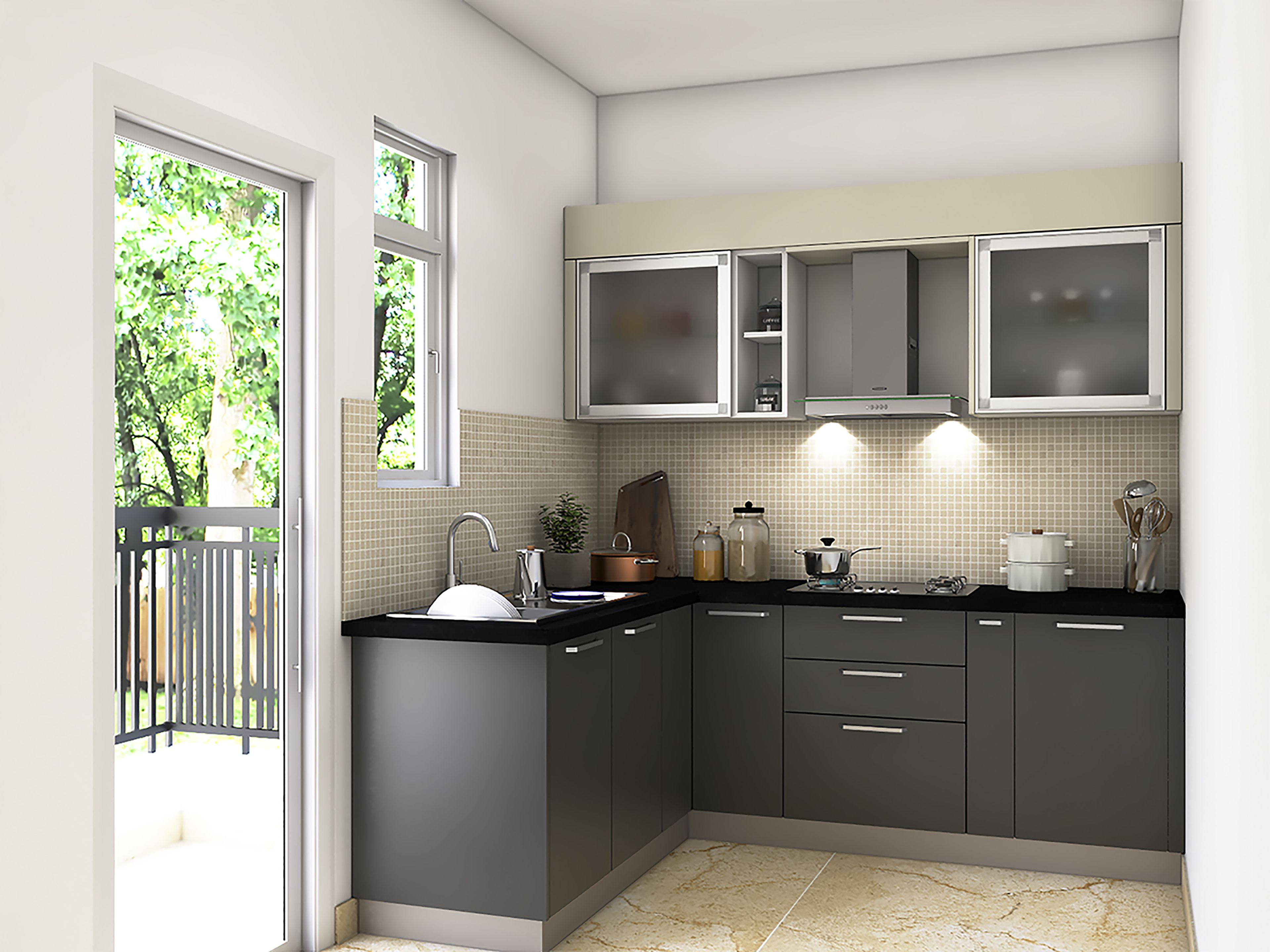 Grey L-Shaped Modular Kitchen