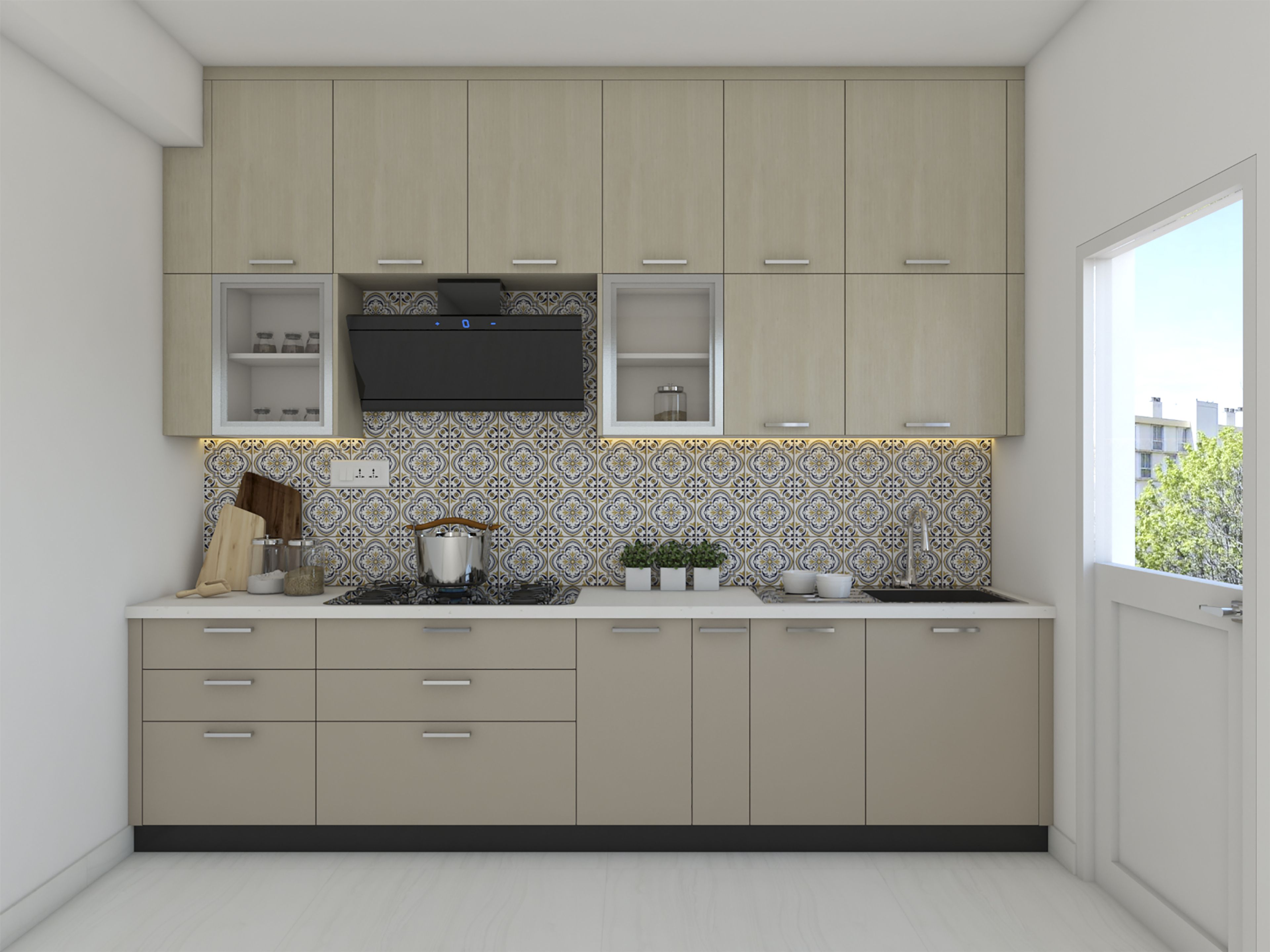 Contemporary Parallel Modular Kitchen Design With Irish Cream-Toned Cabinets
