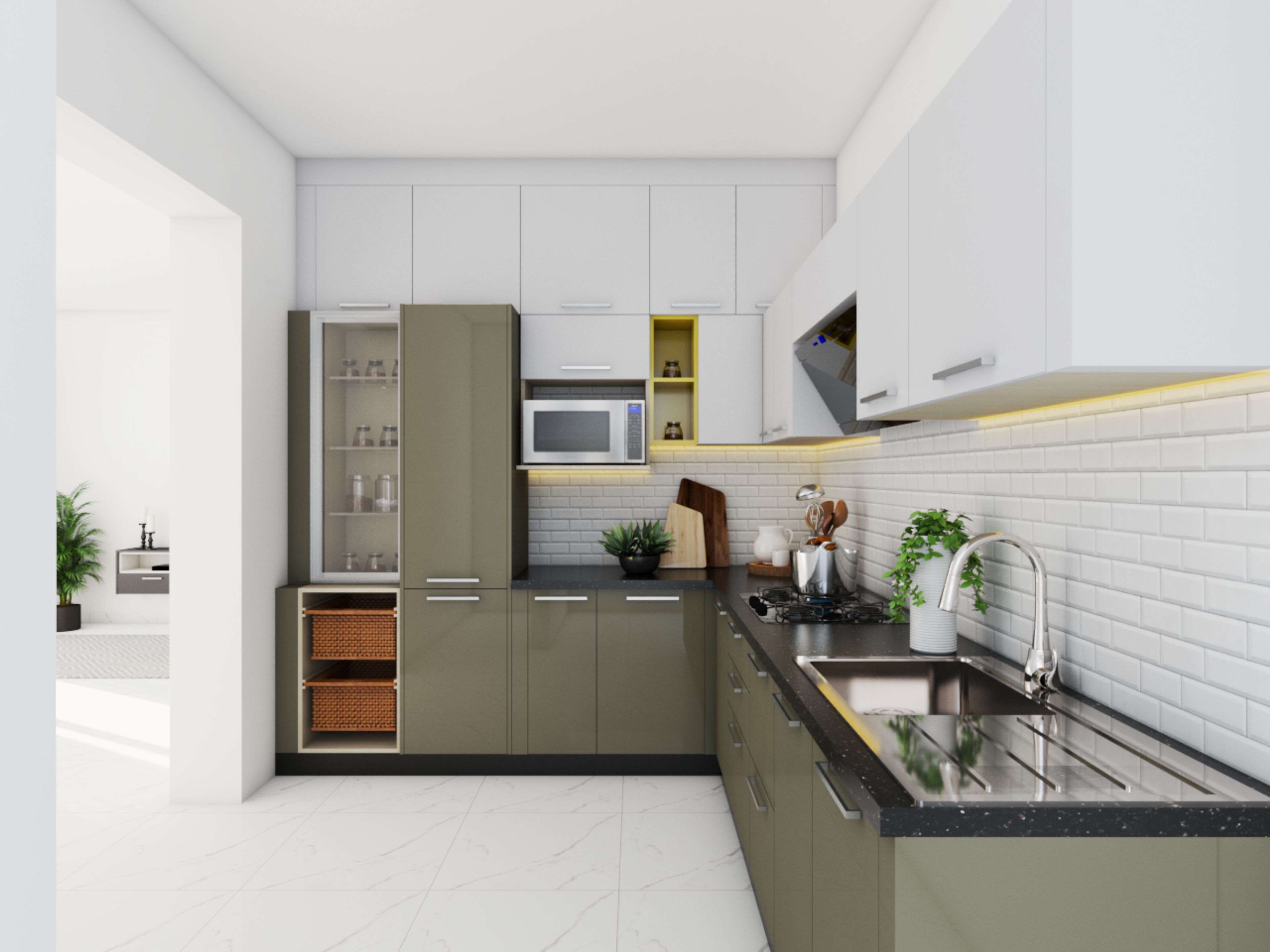 White Airy L-Shaped Kitchen