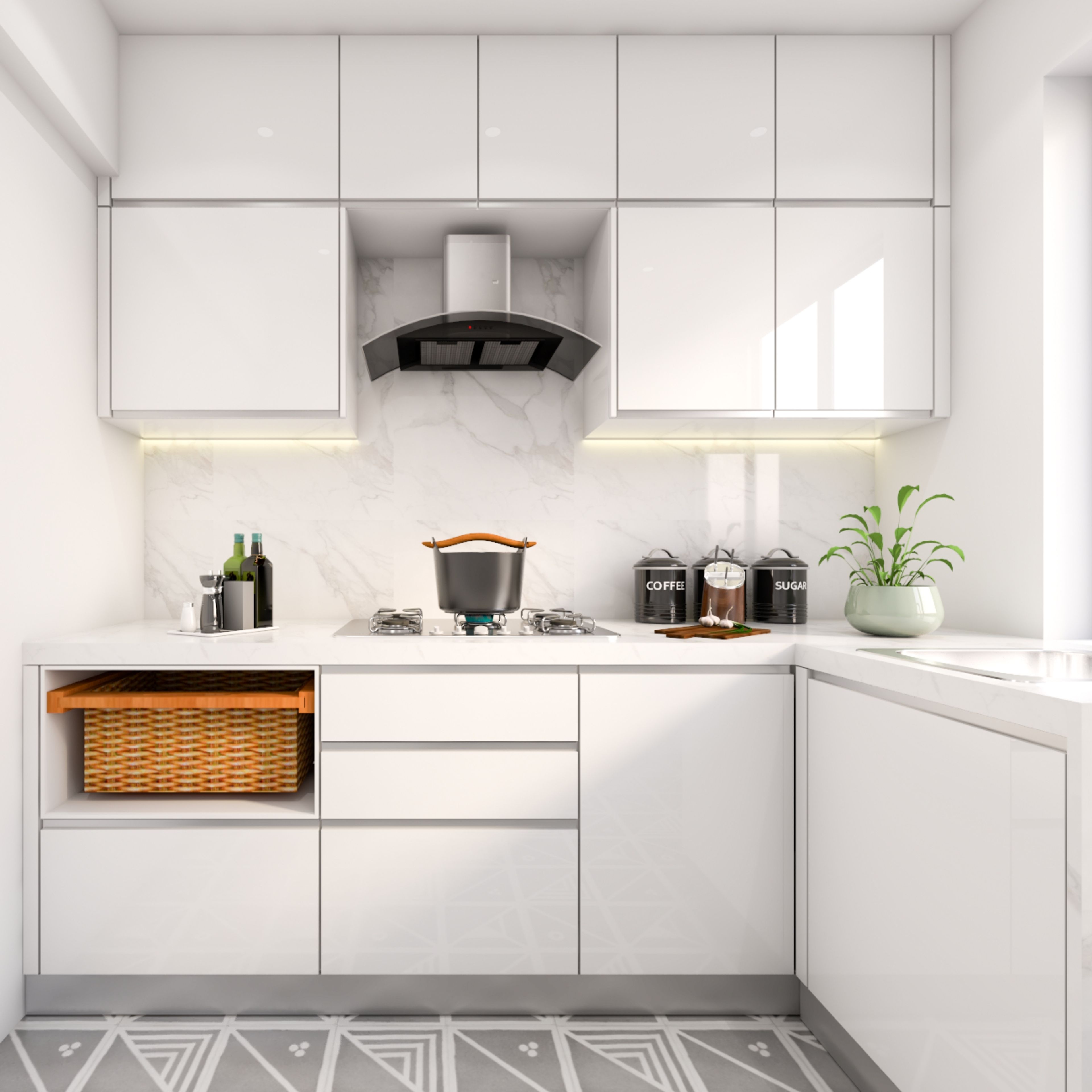 White L-Shaped Modular Kitchen
