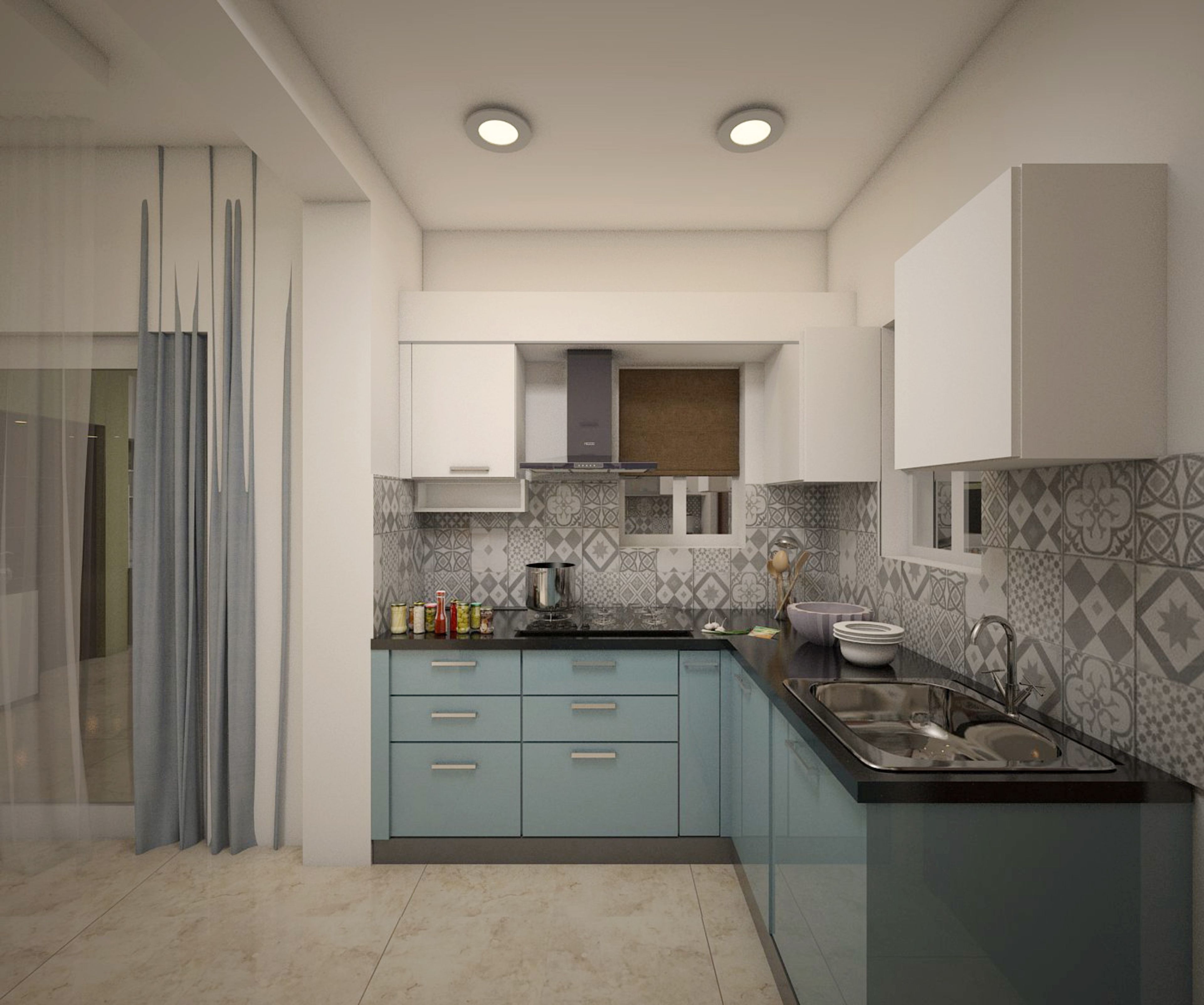 Metallic Blue L-Shaped Open Kitchen