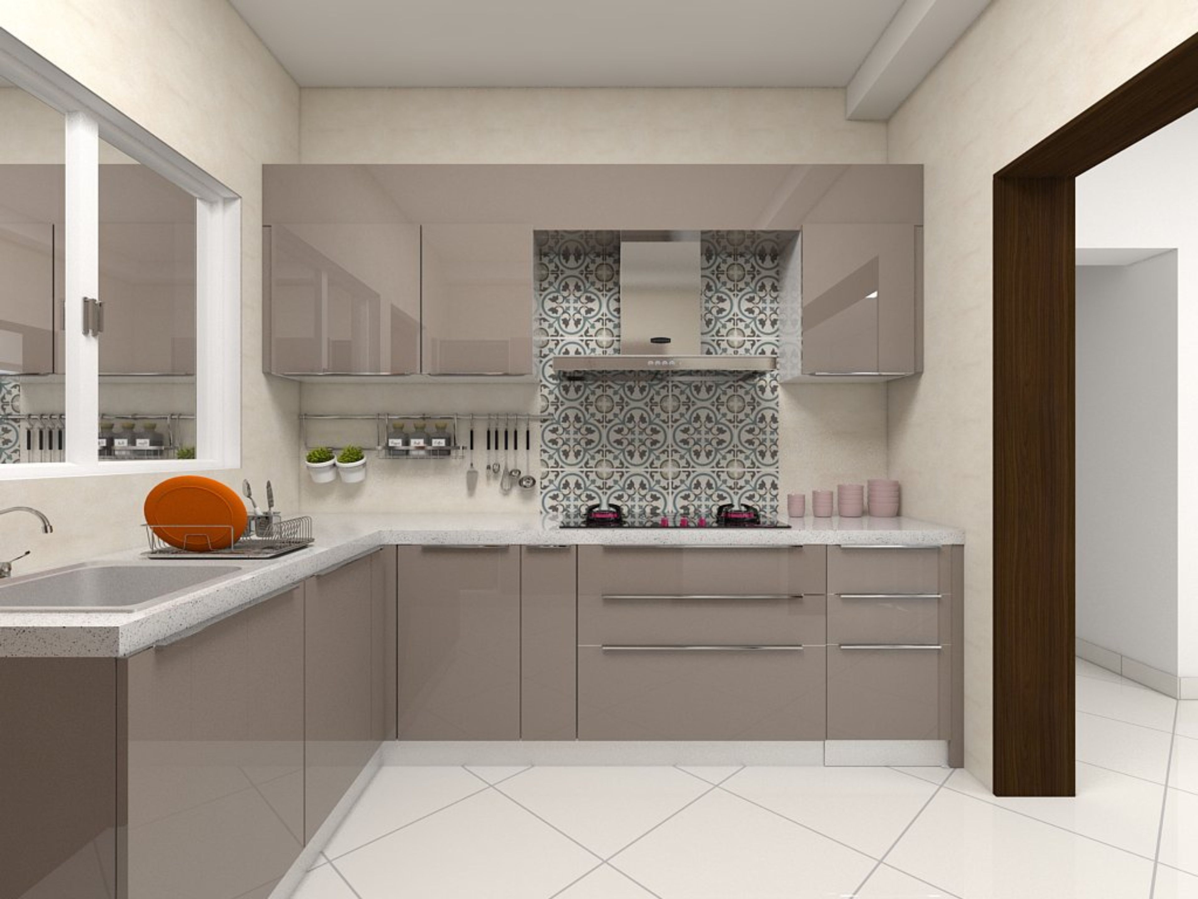 Glossy L-Shaped Modern Kitchen