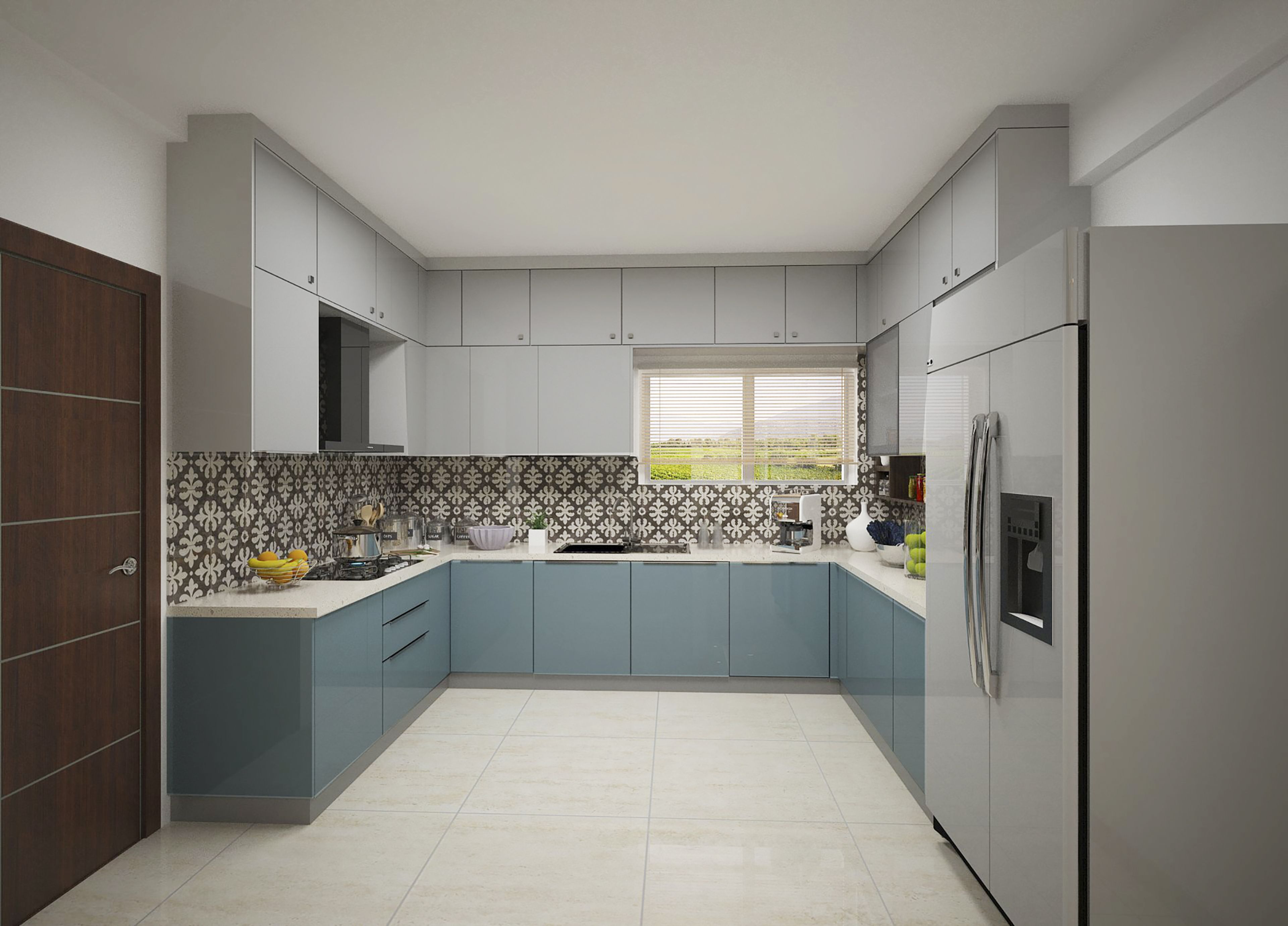Blue-Silver U-Shaped Kitchen