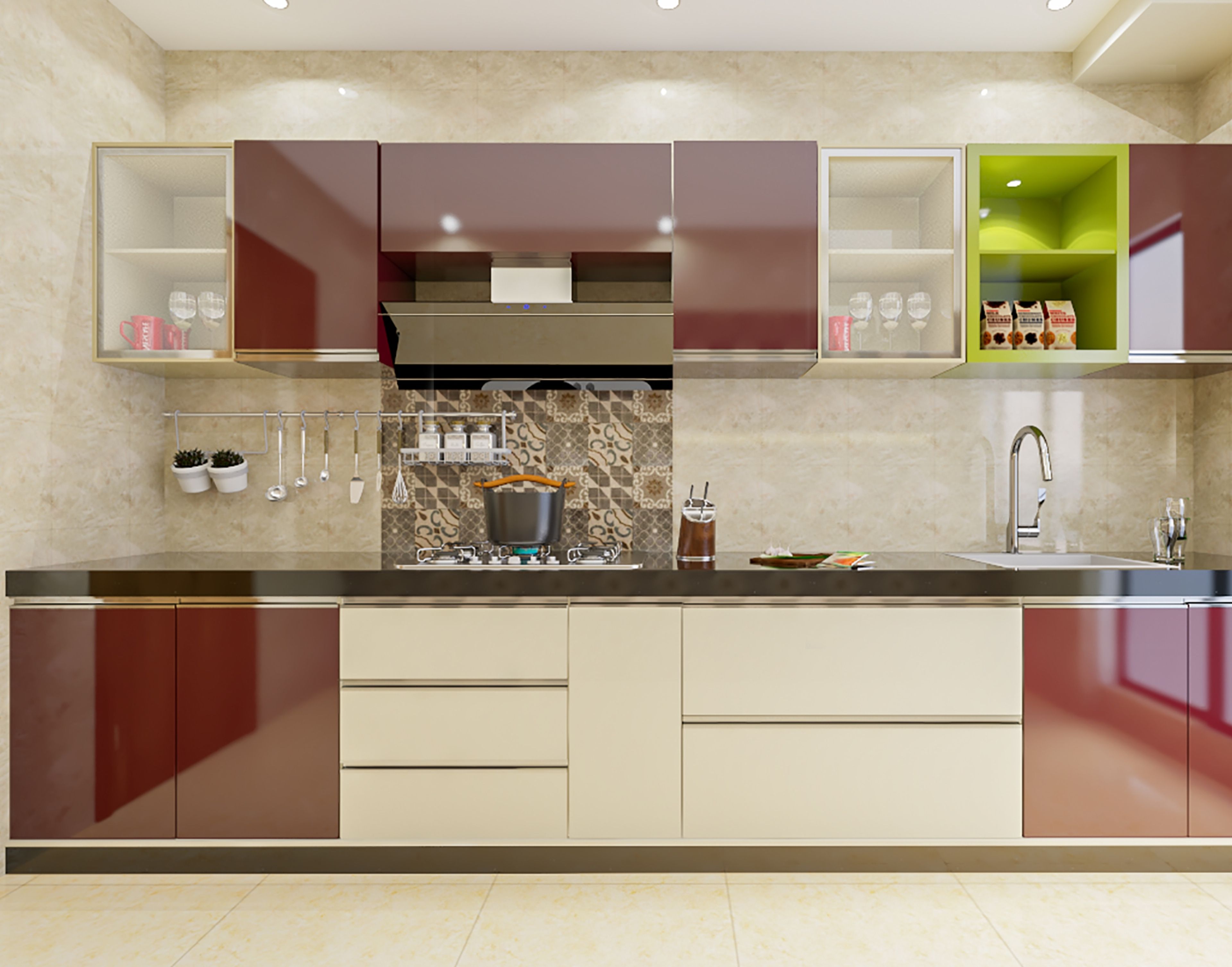 Red-Cream Parallel Modular Kitchen