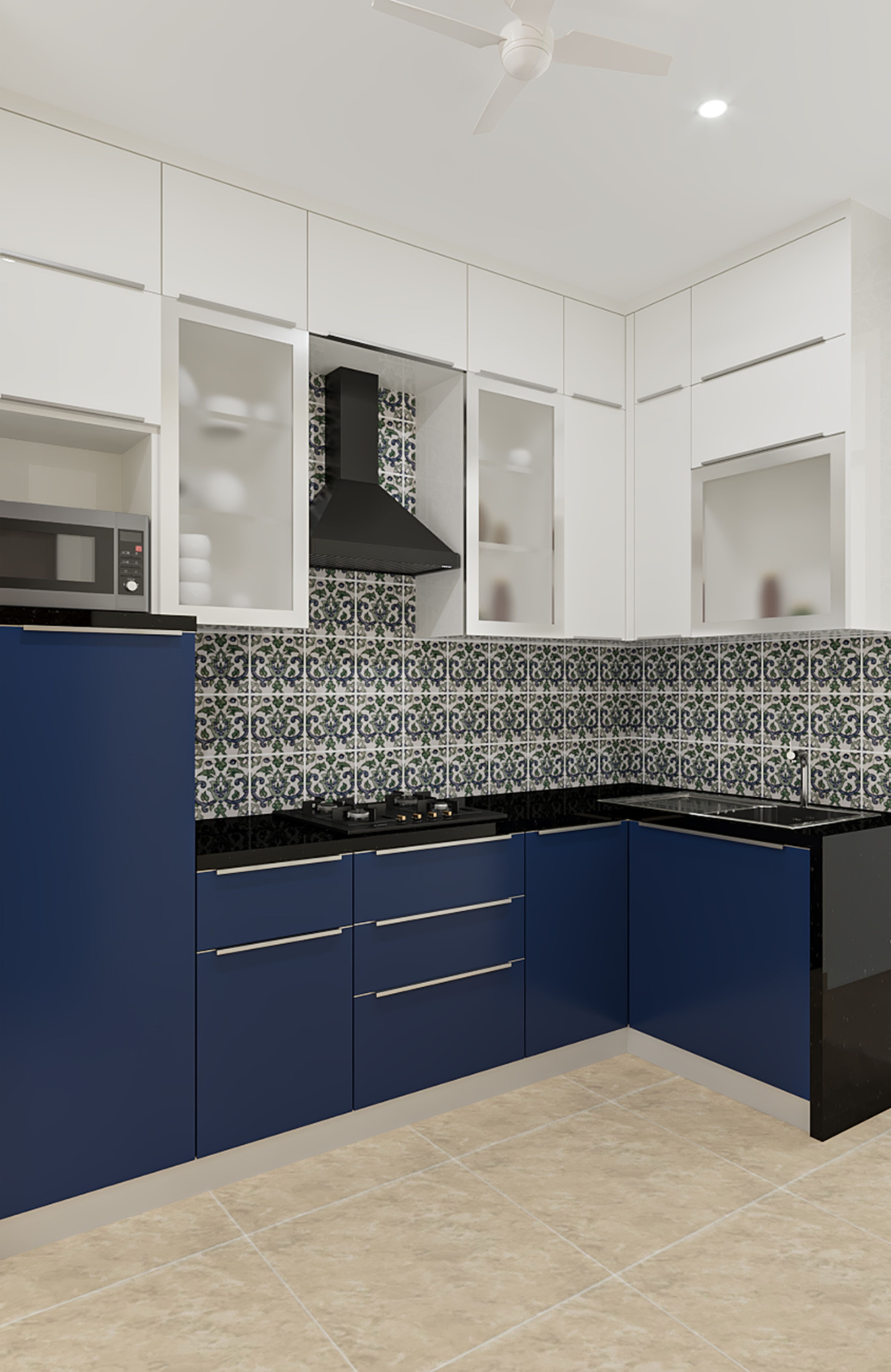 Compact Blue-White L-Shaped Kitchen