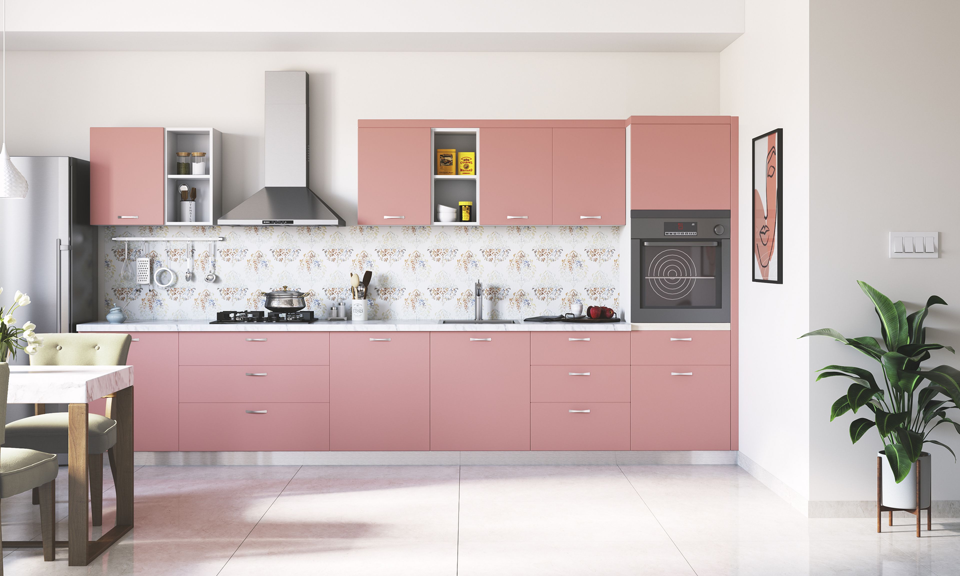 Pink Straight Line Kitchen