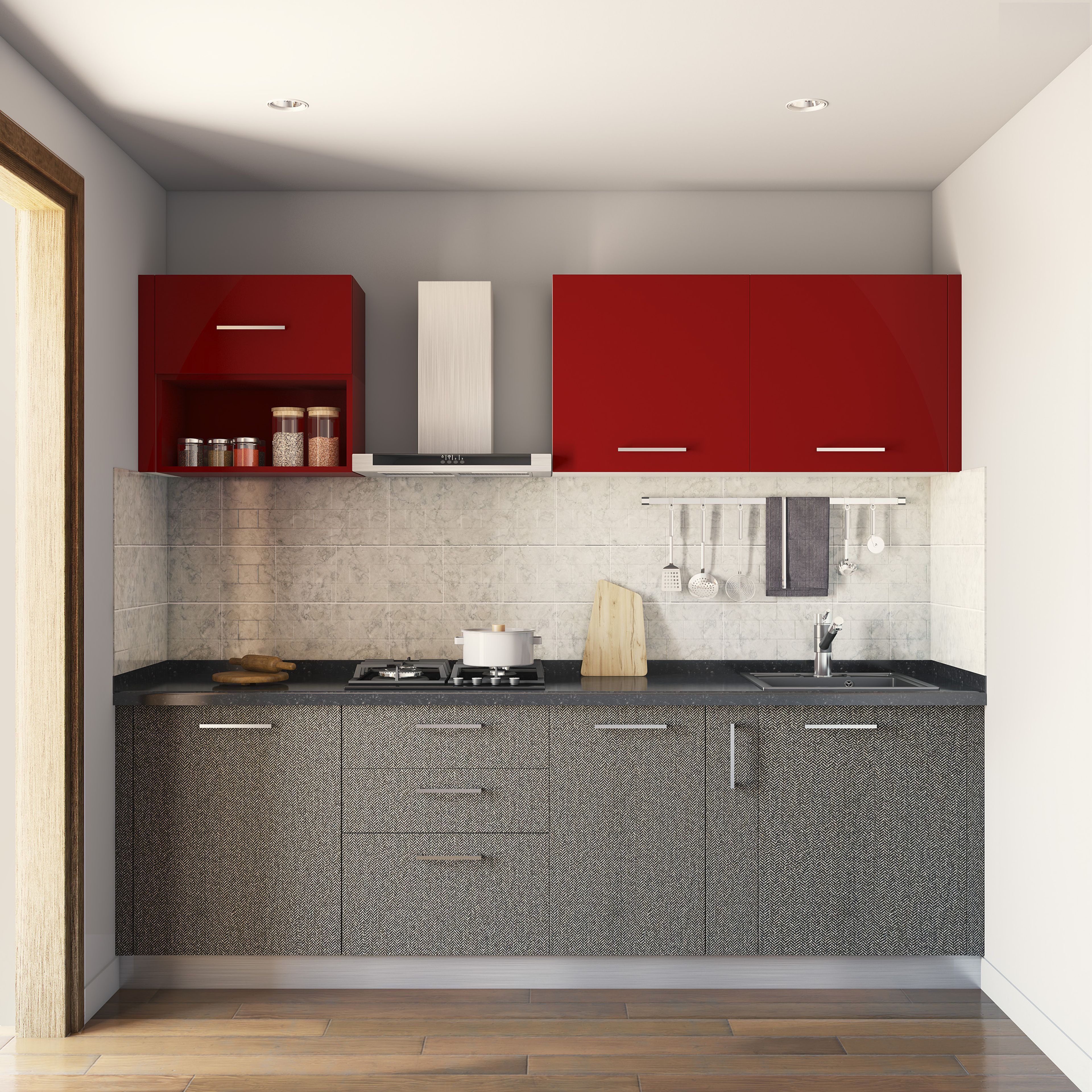 Grey and Ruby Red Kitchen