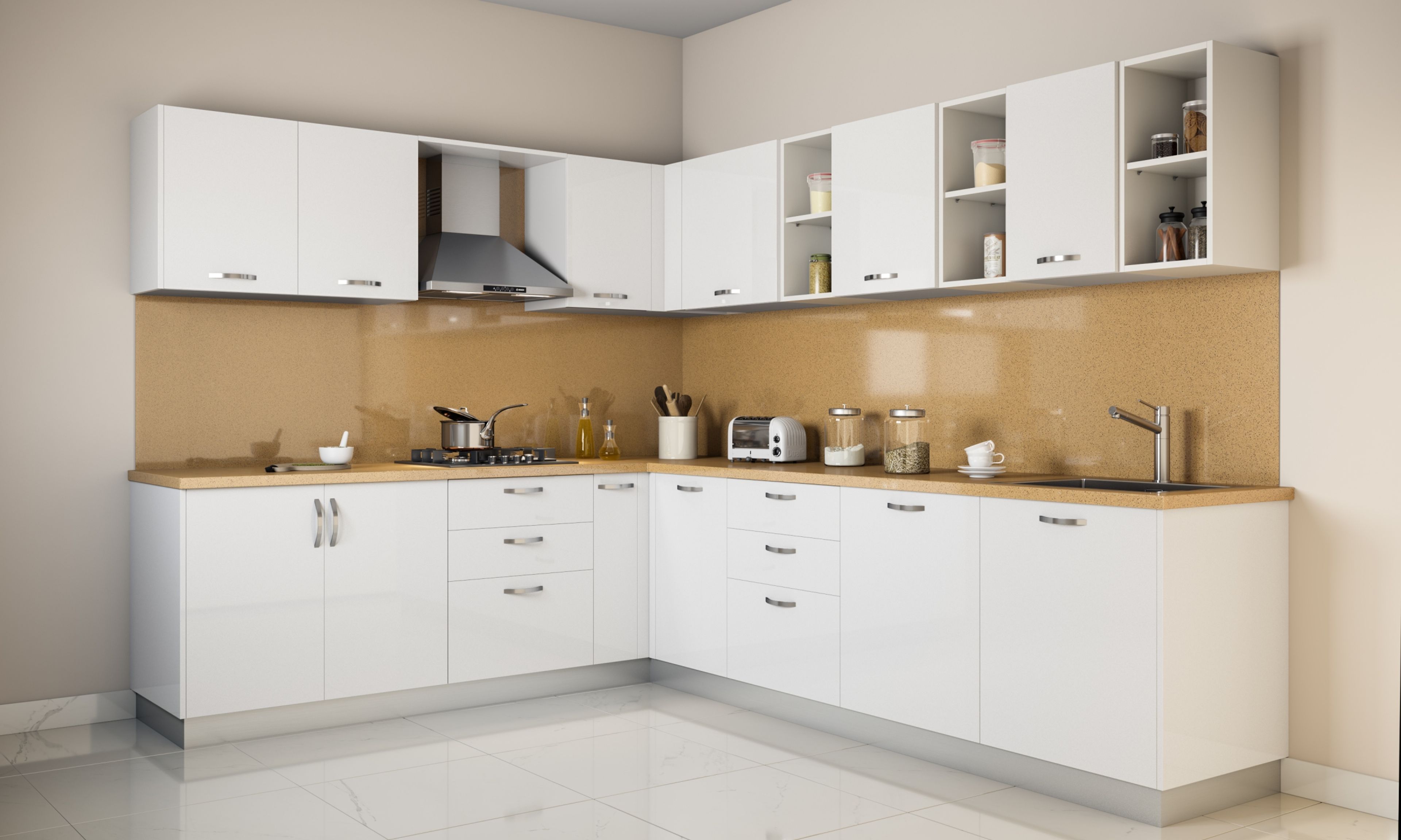 Open White L-Shaped Kitchen