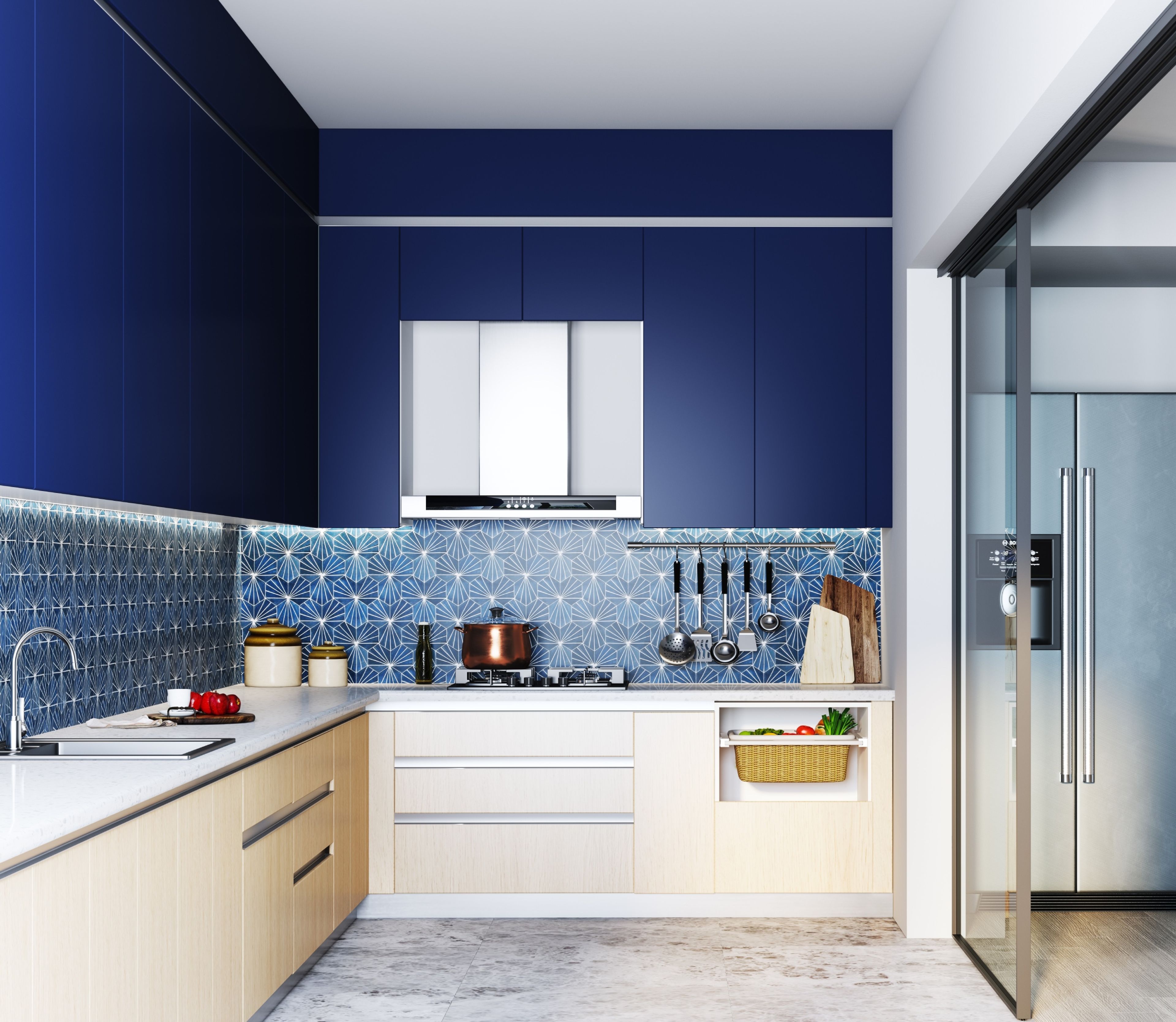 Blue and Teak Accent Kitchen