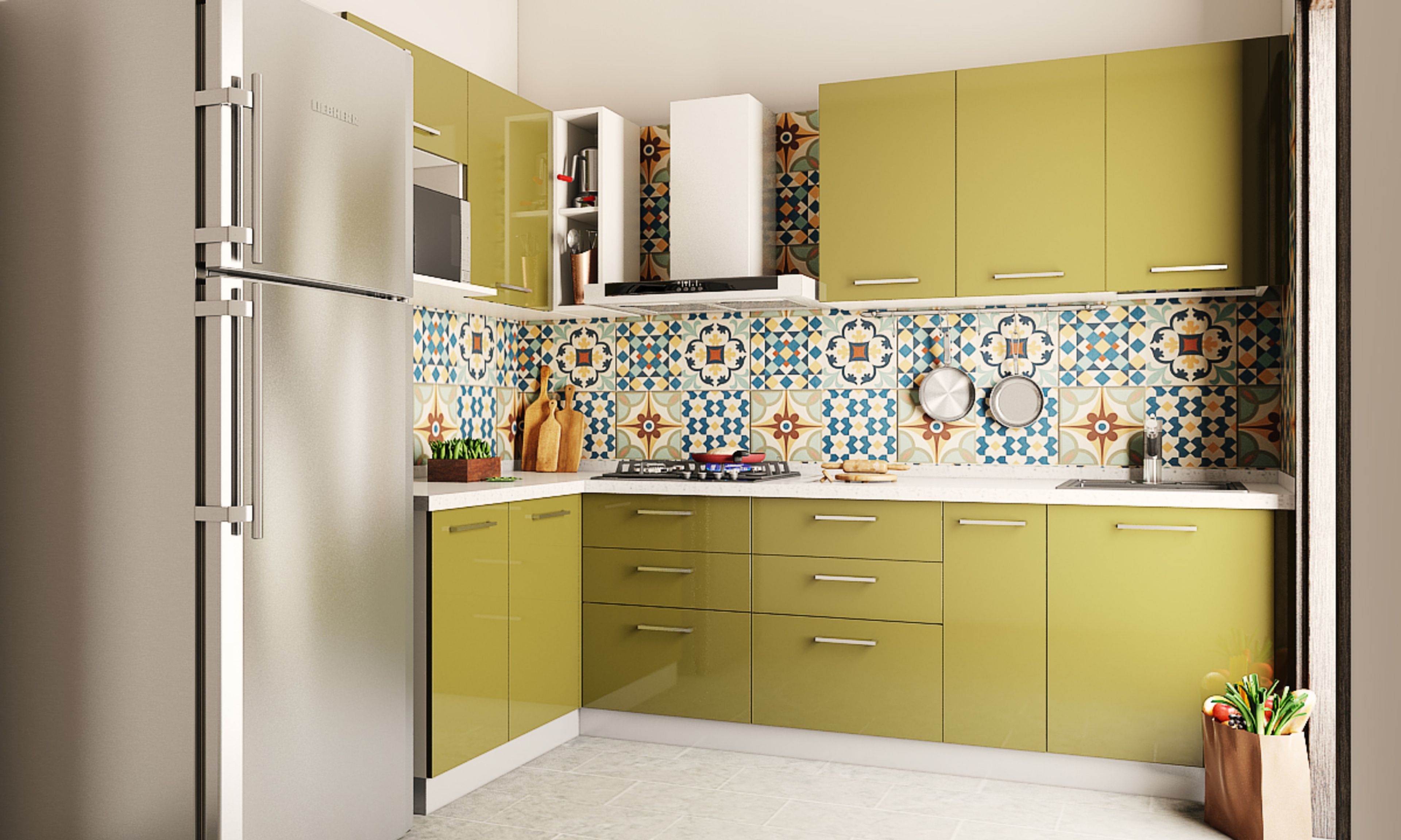 L-Shaped Yellow Contemporary Kitchen