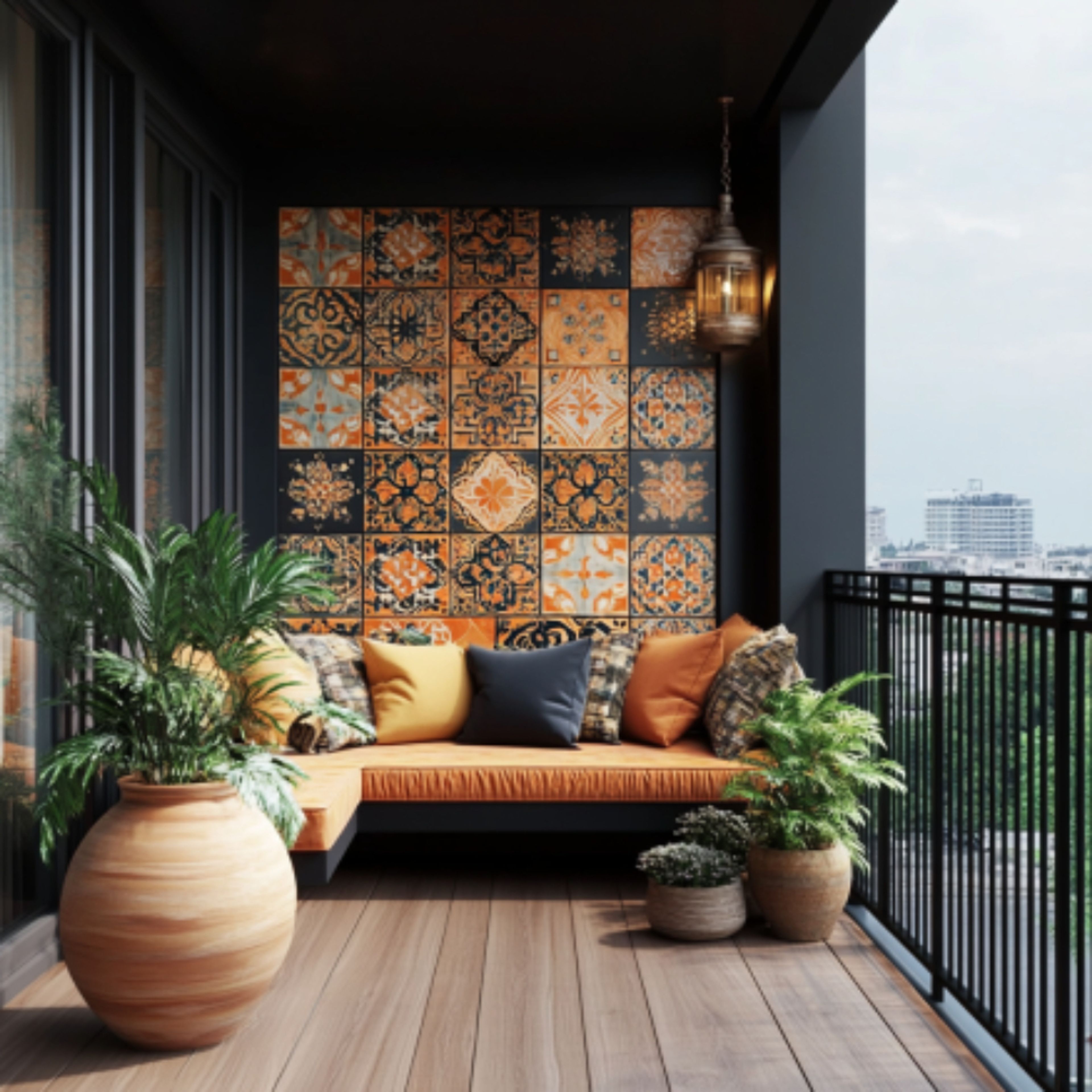 Balcony Design With Patterned Tiles and Built-in Seating
