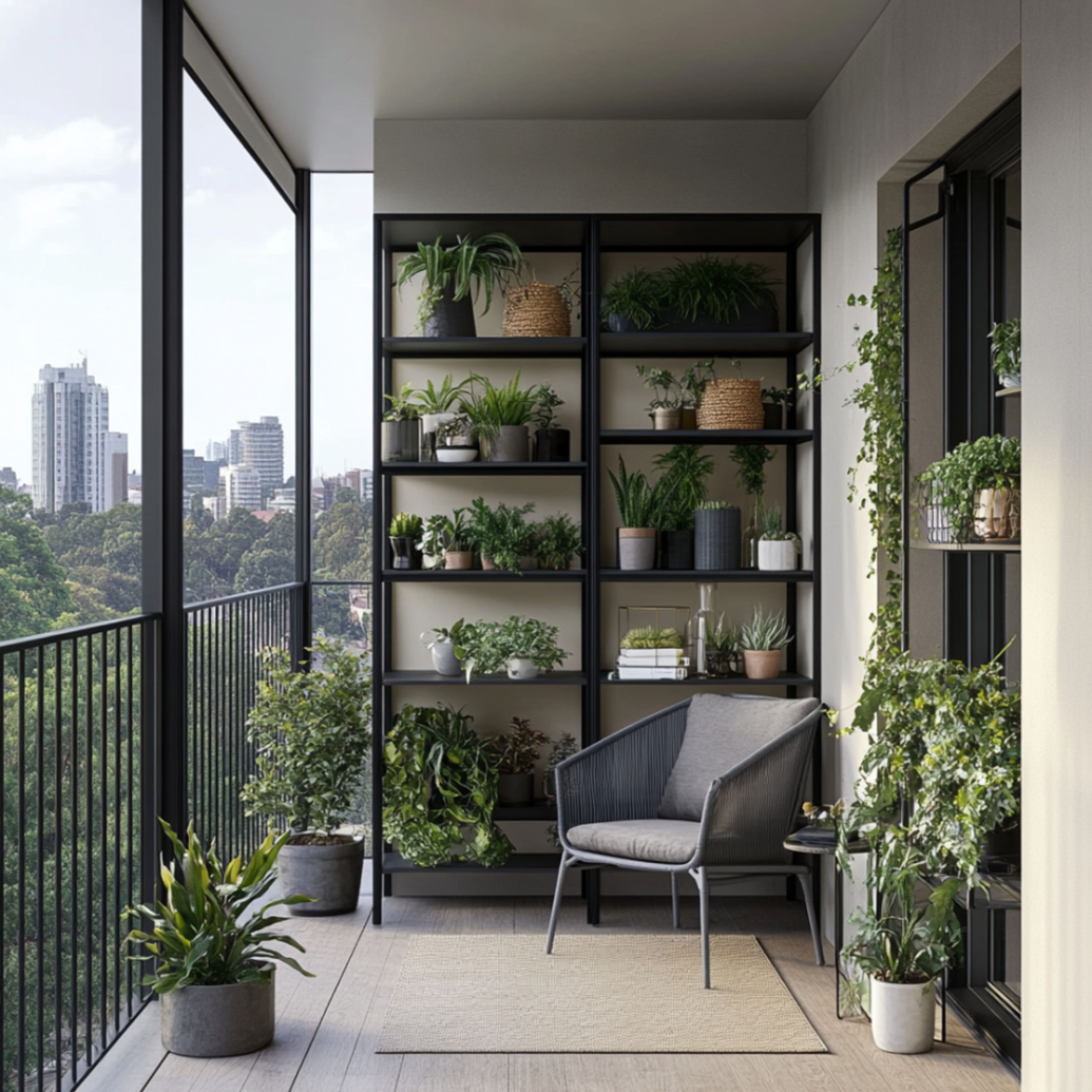 Balcony Design with Black Metal Shelving and Glass Railings
