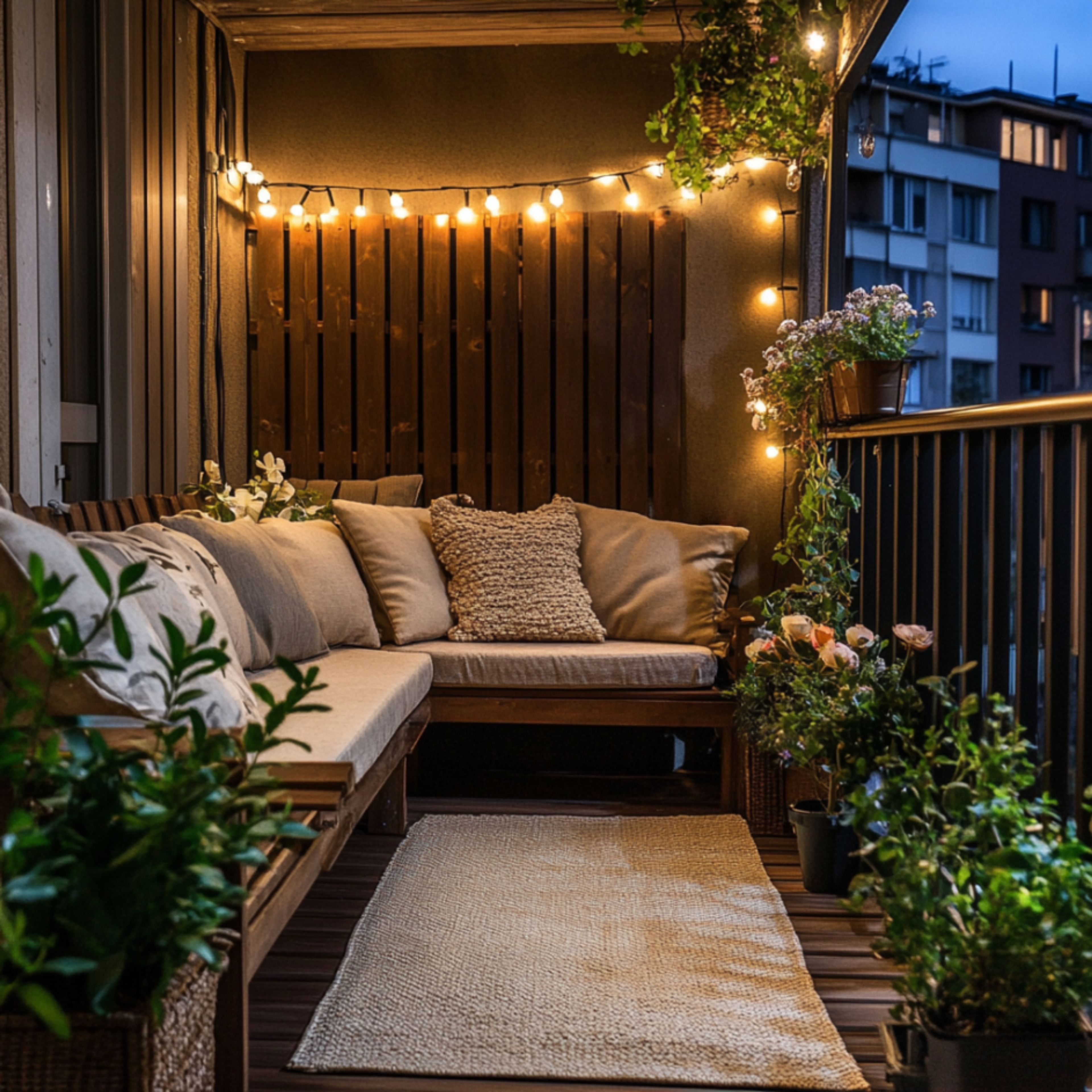 Balcony Design With Slatted Wall, Lights, and Built-in Seating