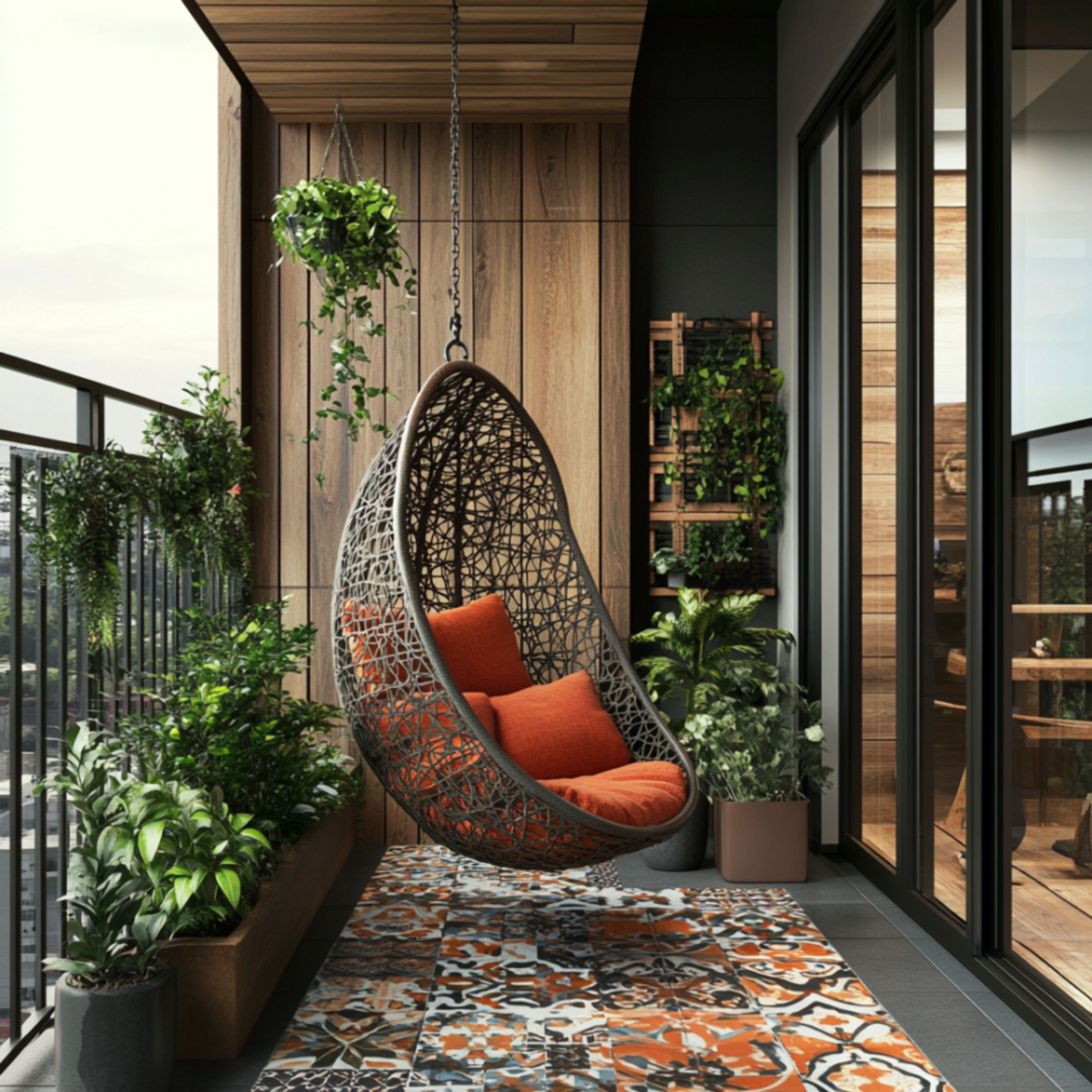 Balcony Design With Egg Chair and Vertical Wood Plant Wall