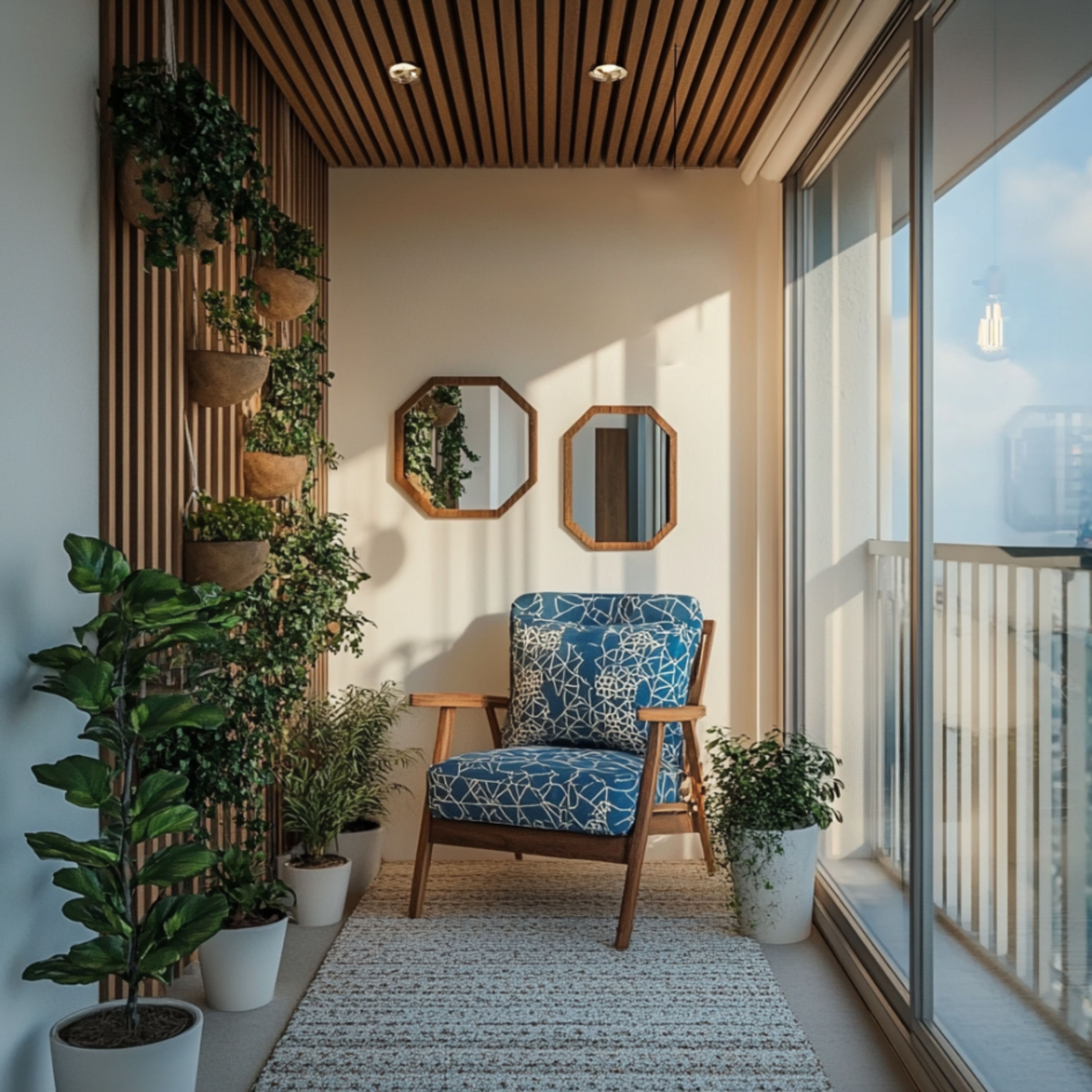 Balcony Design With Wooden Paneling and Hanging Planters