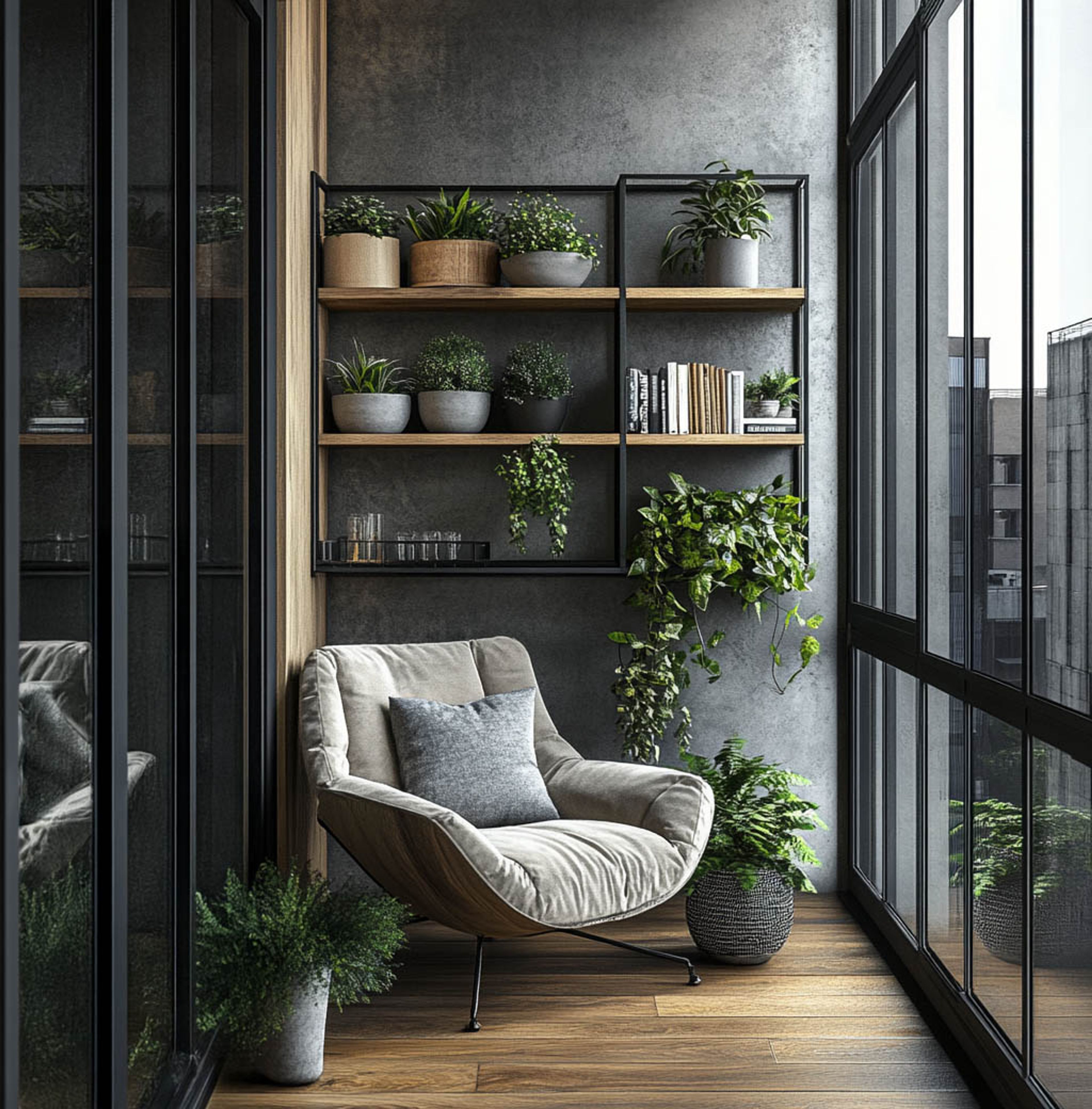 Balcony Design With Dark Grey Wall and Wooden Slats