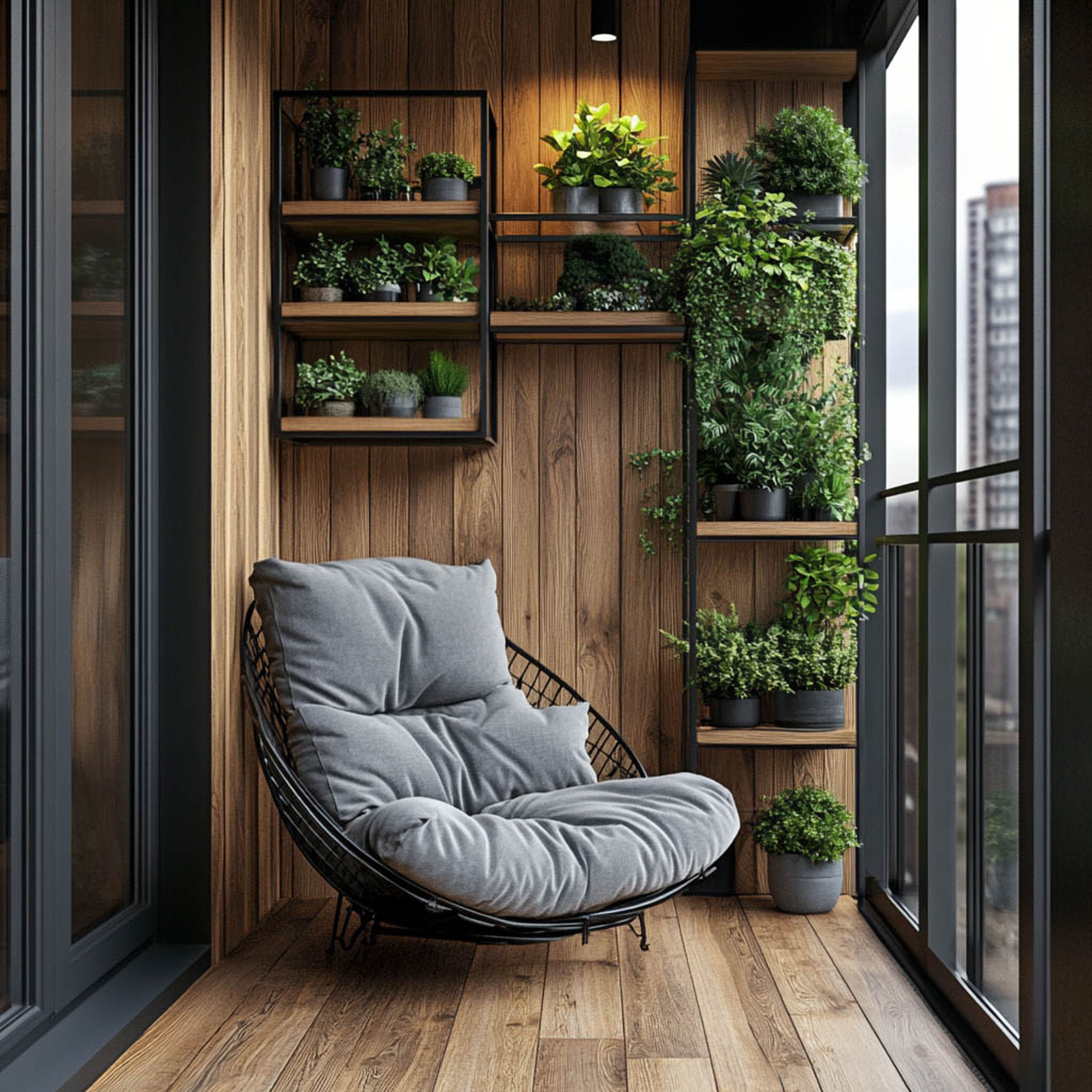 Balcony Design With Warm Wood Panel Wall and Floor