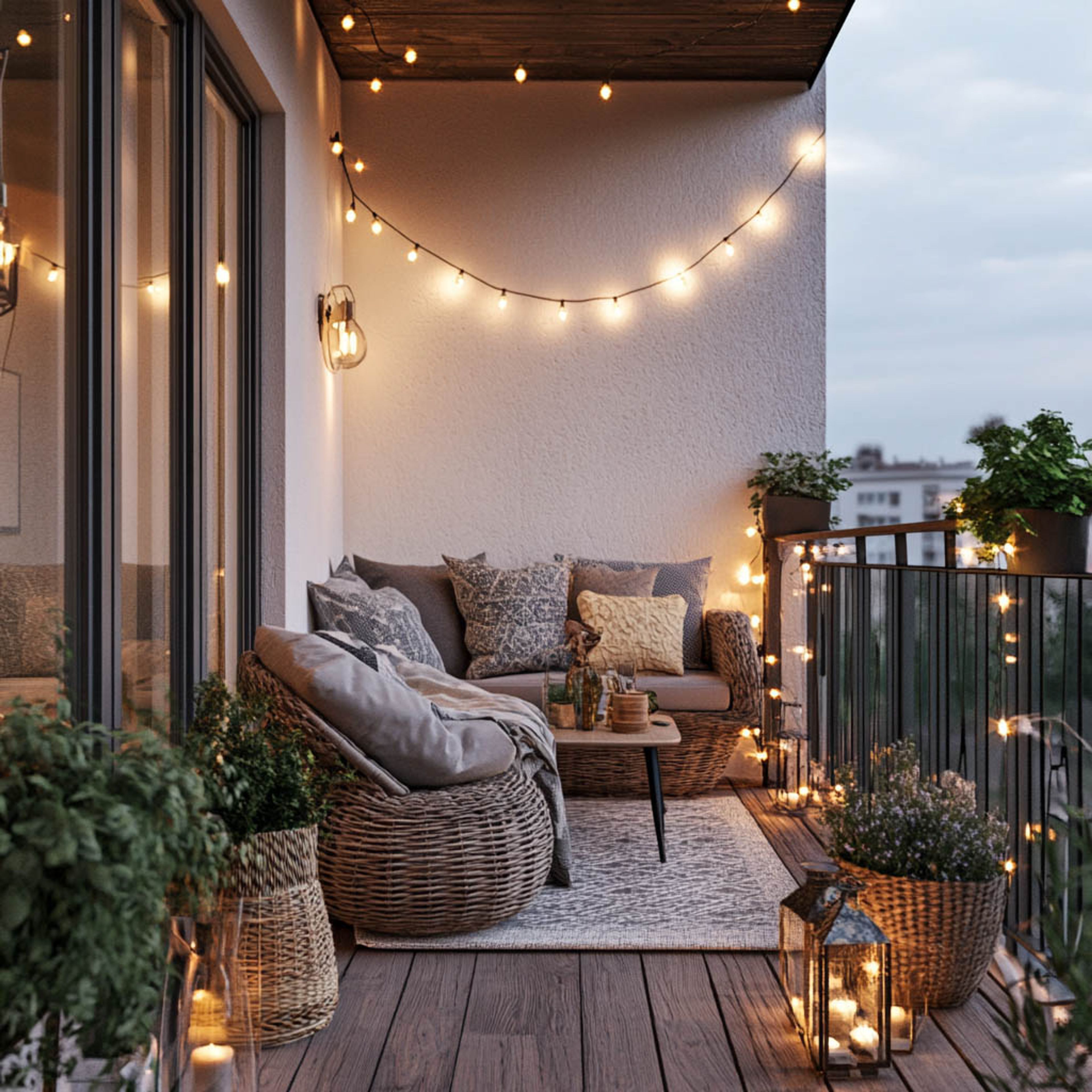 Balcony Design With String Lights And Comfortable Seating
