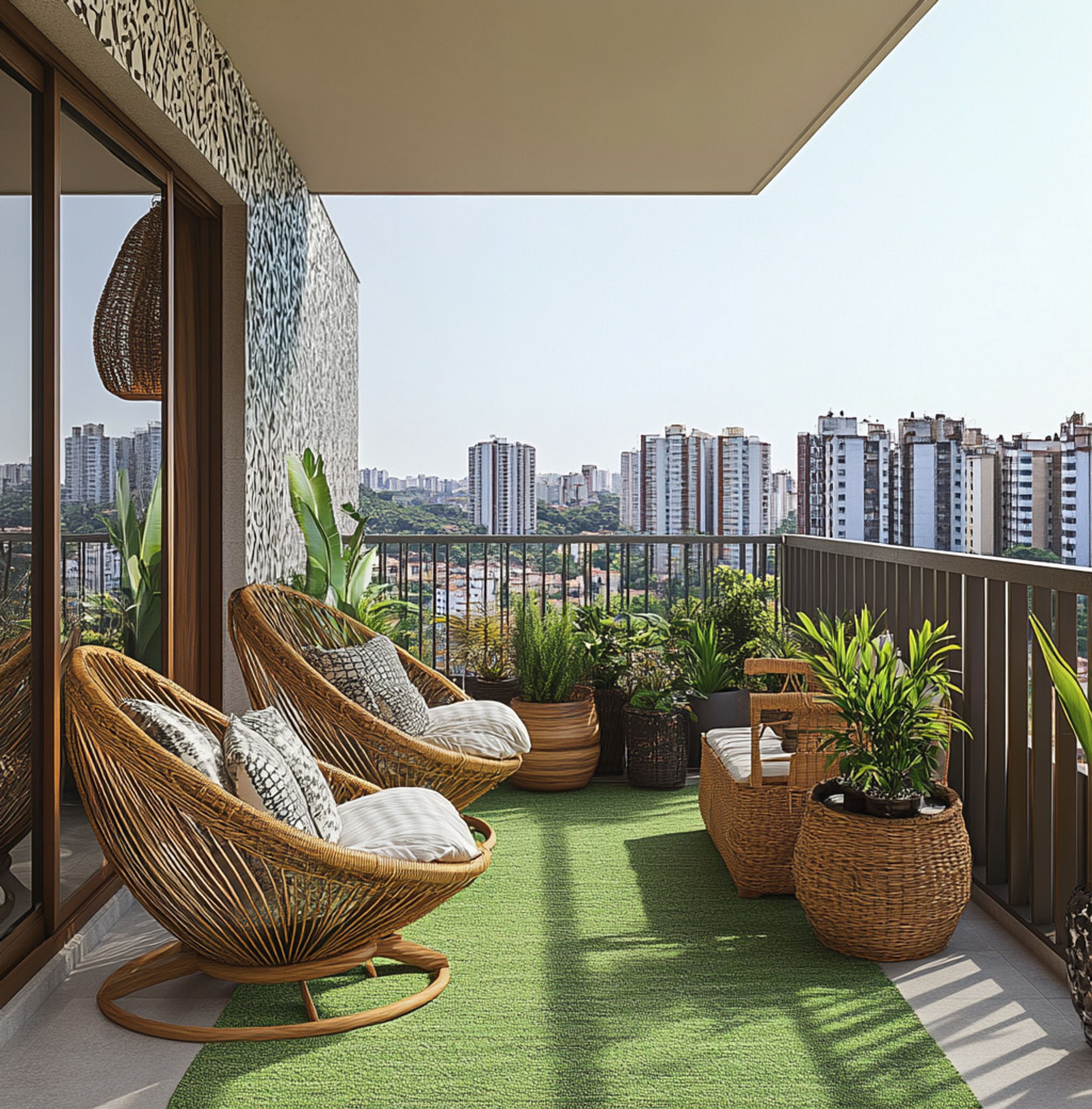 Balcony Design With Two Egg Shaped Wicker Chairs