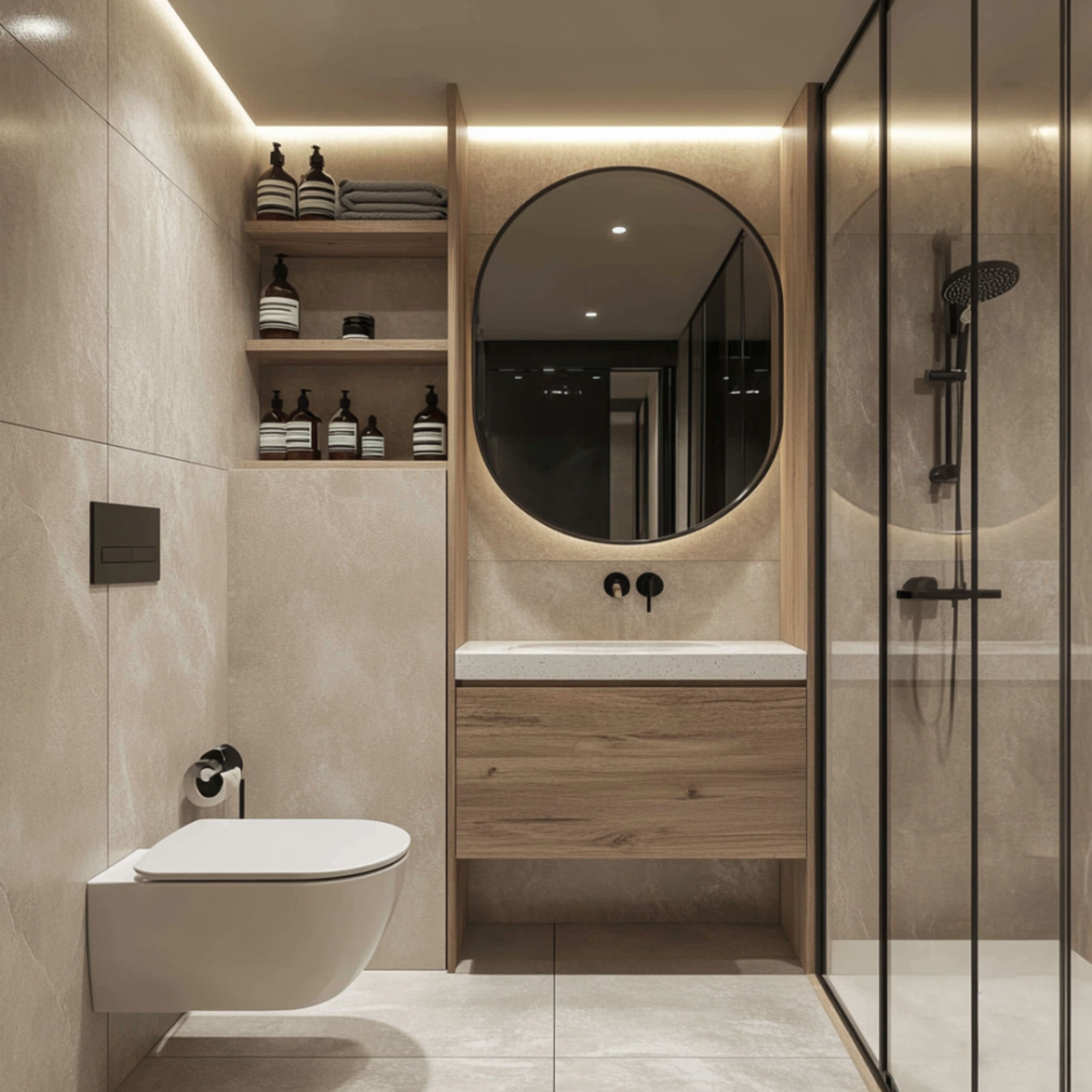Bathroom Design With Vanity and Textured Beige Tiles
