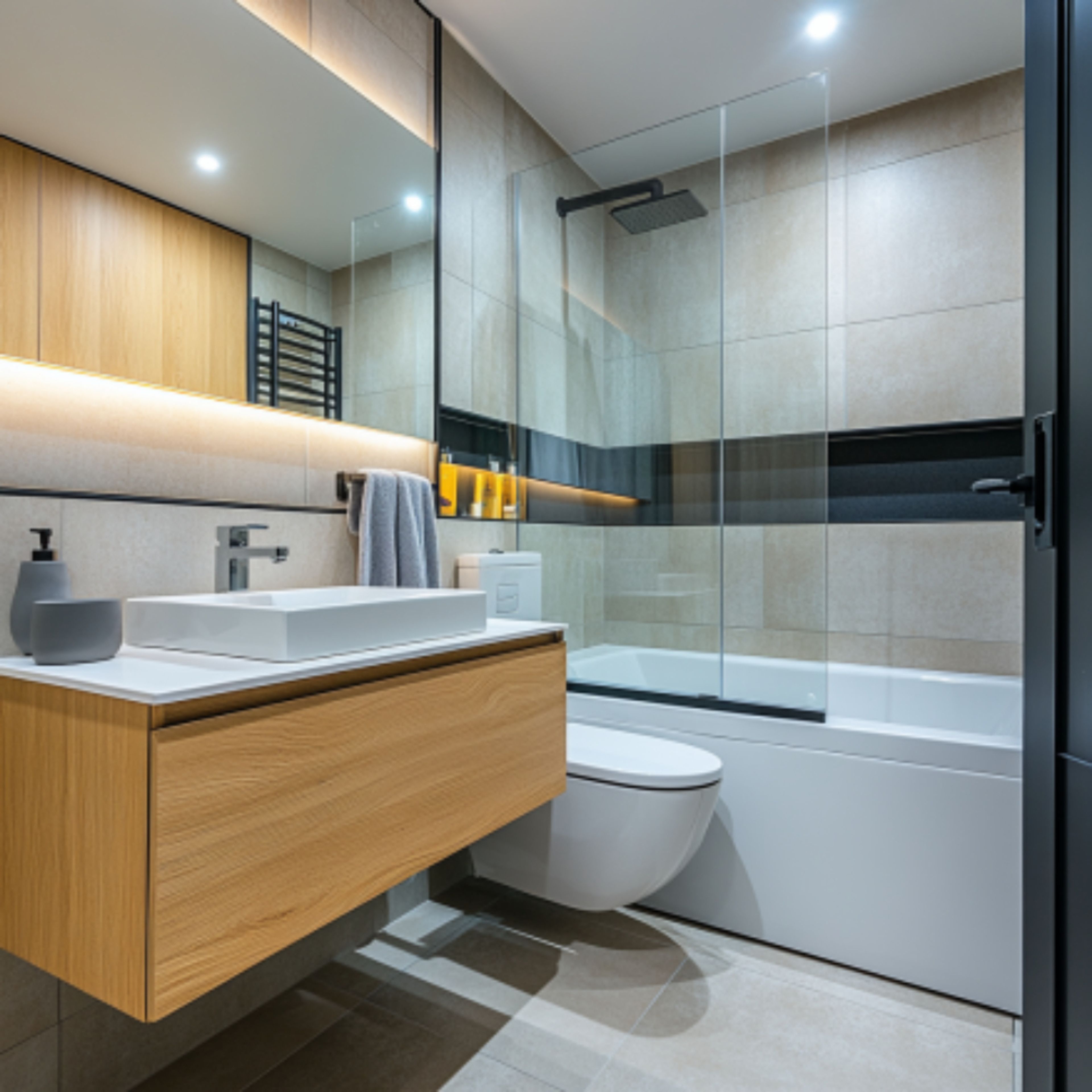Minimal Bathroom Design With Floating Vanity and Quartz Countertop