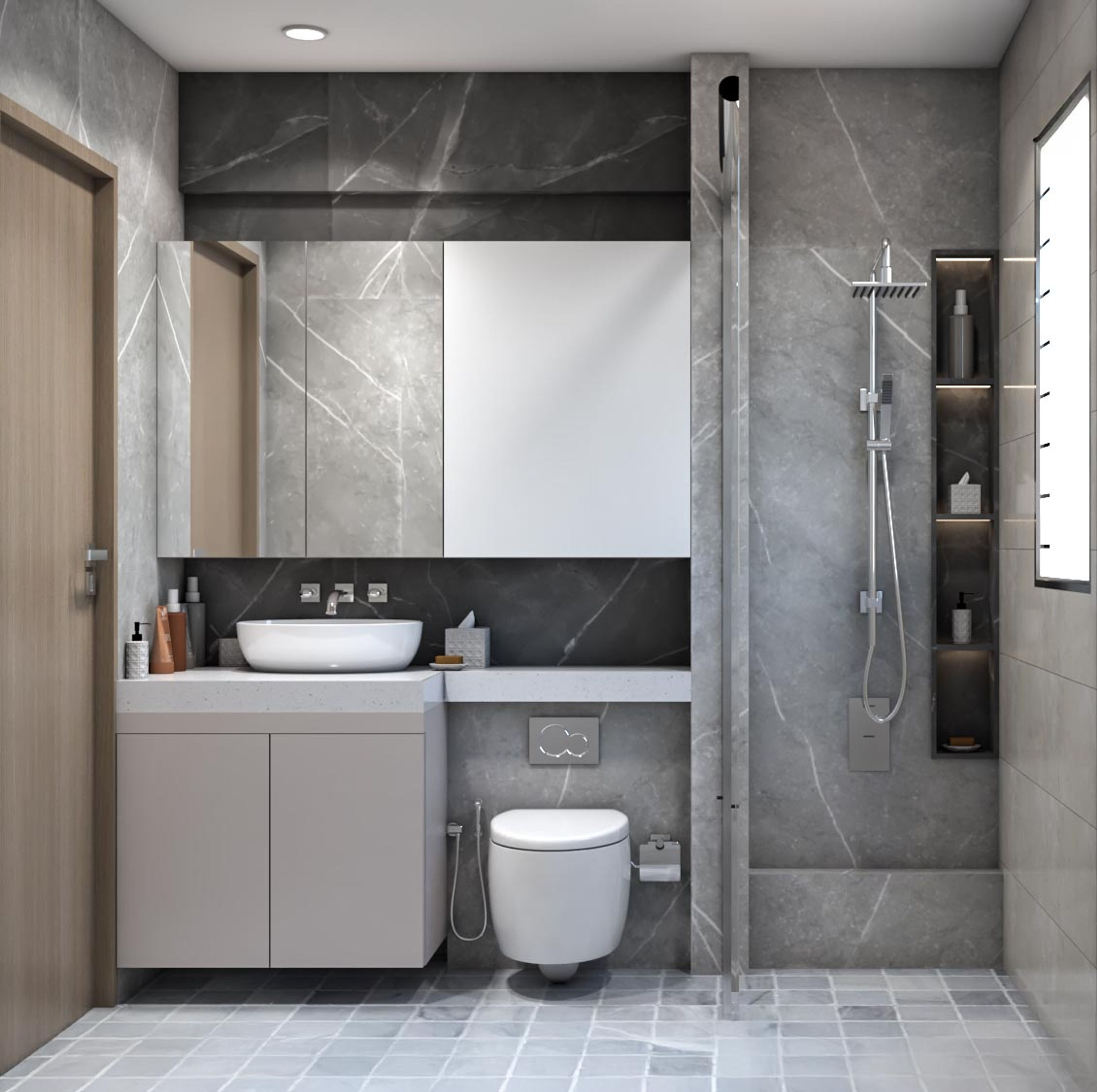 Modern Bathroom Design With Floating Vanity and Grey Marble
