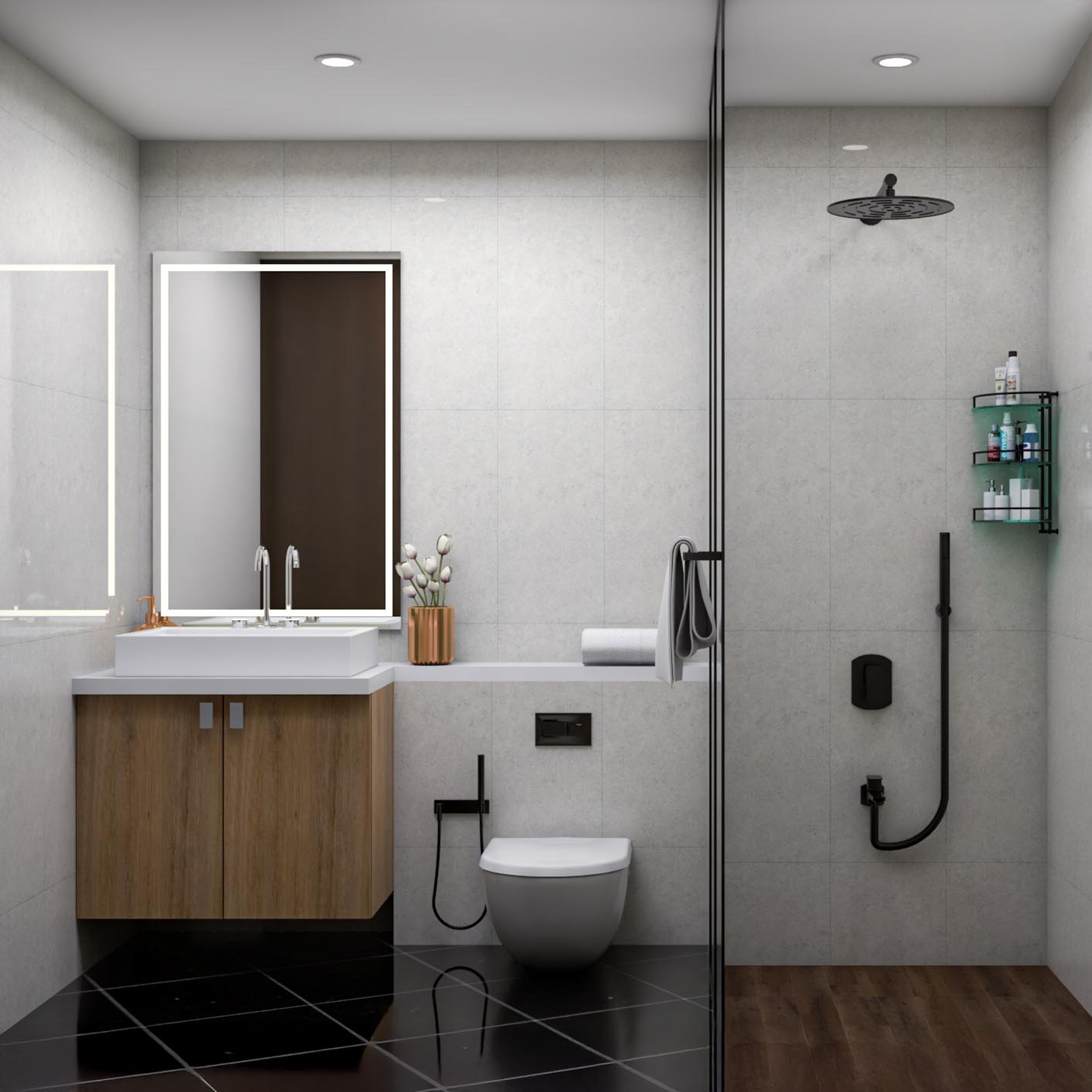 Minimal Bathroom Design With Black Fixtures and Wooden Vanity