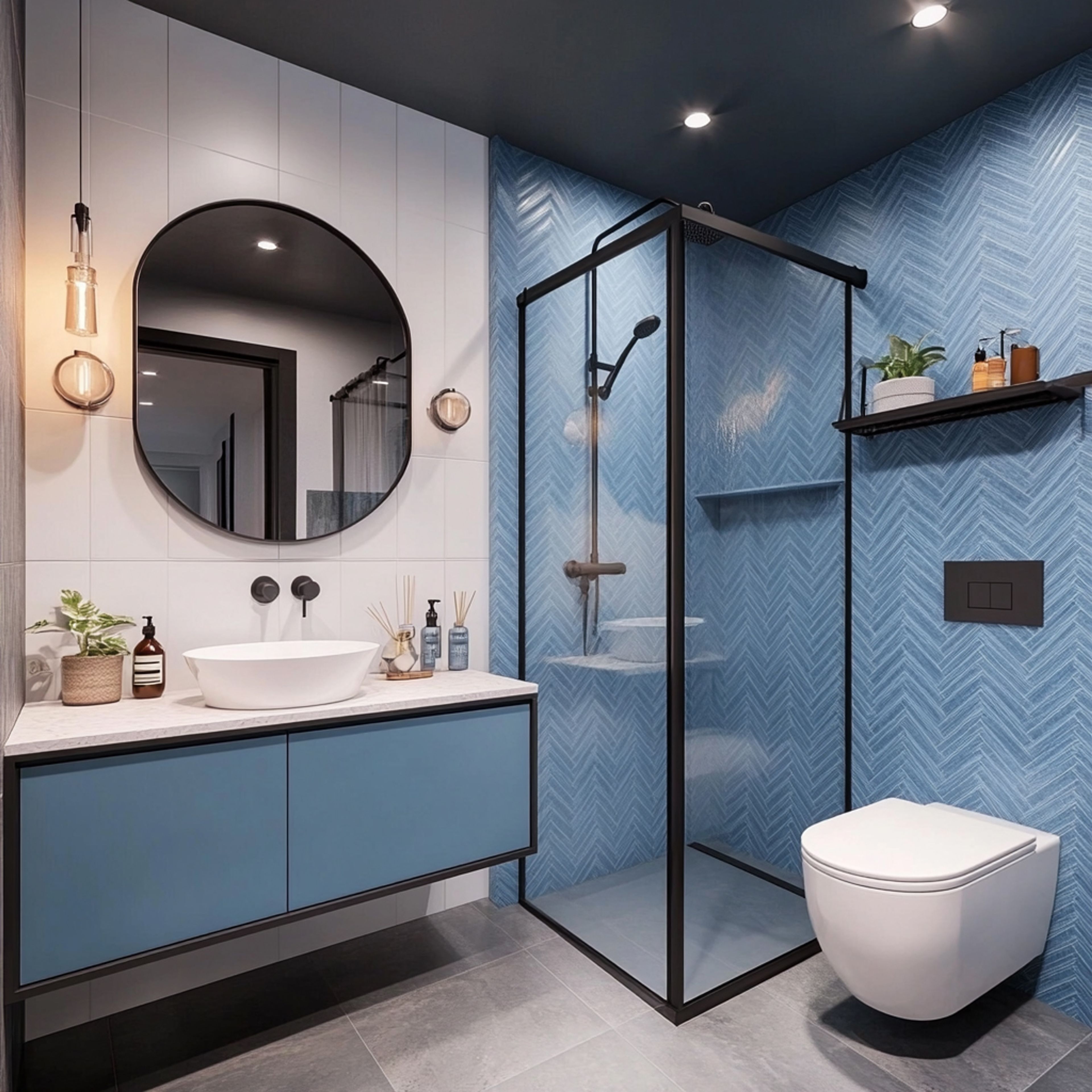 Modern Bathroom Design With Blue Herringbone Tiles and Floating Vanity