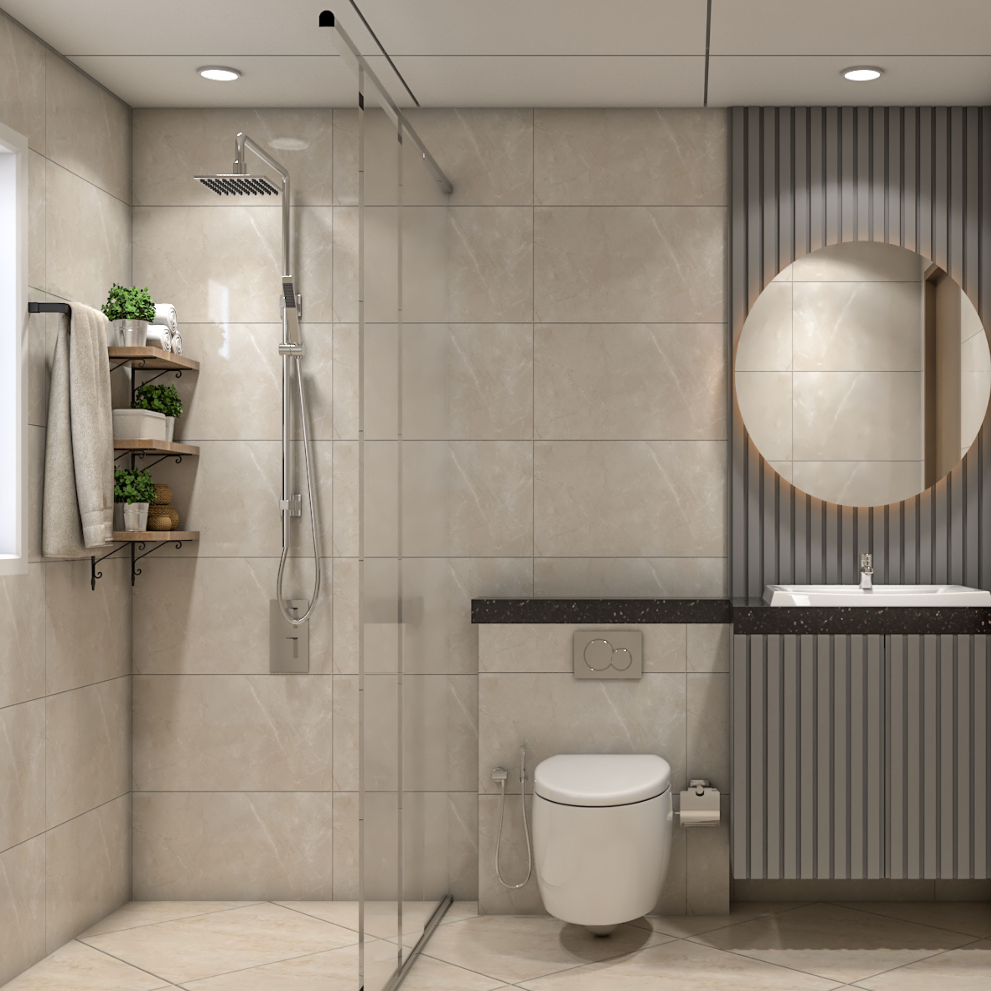 Modern Beige-Tiled Bathroom Design with Round Mirror and Slatted Vanity