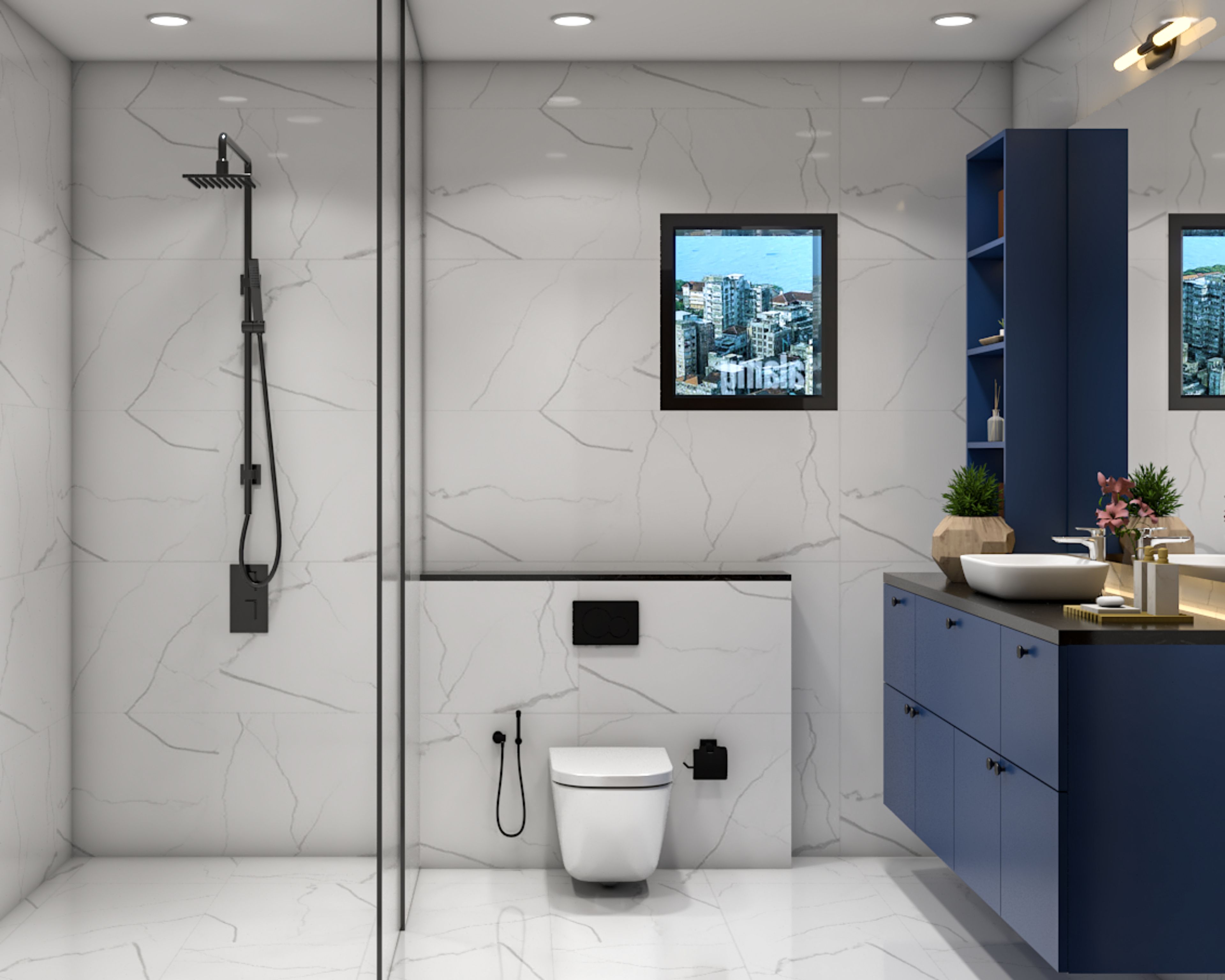 White and Grey Modern Marble Bathroom Design with Vanity
