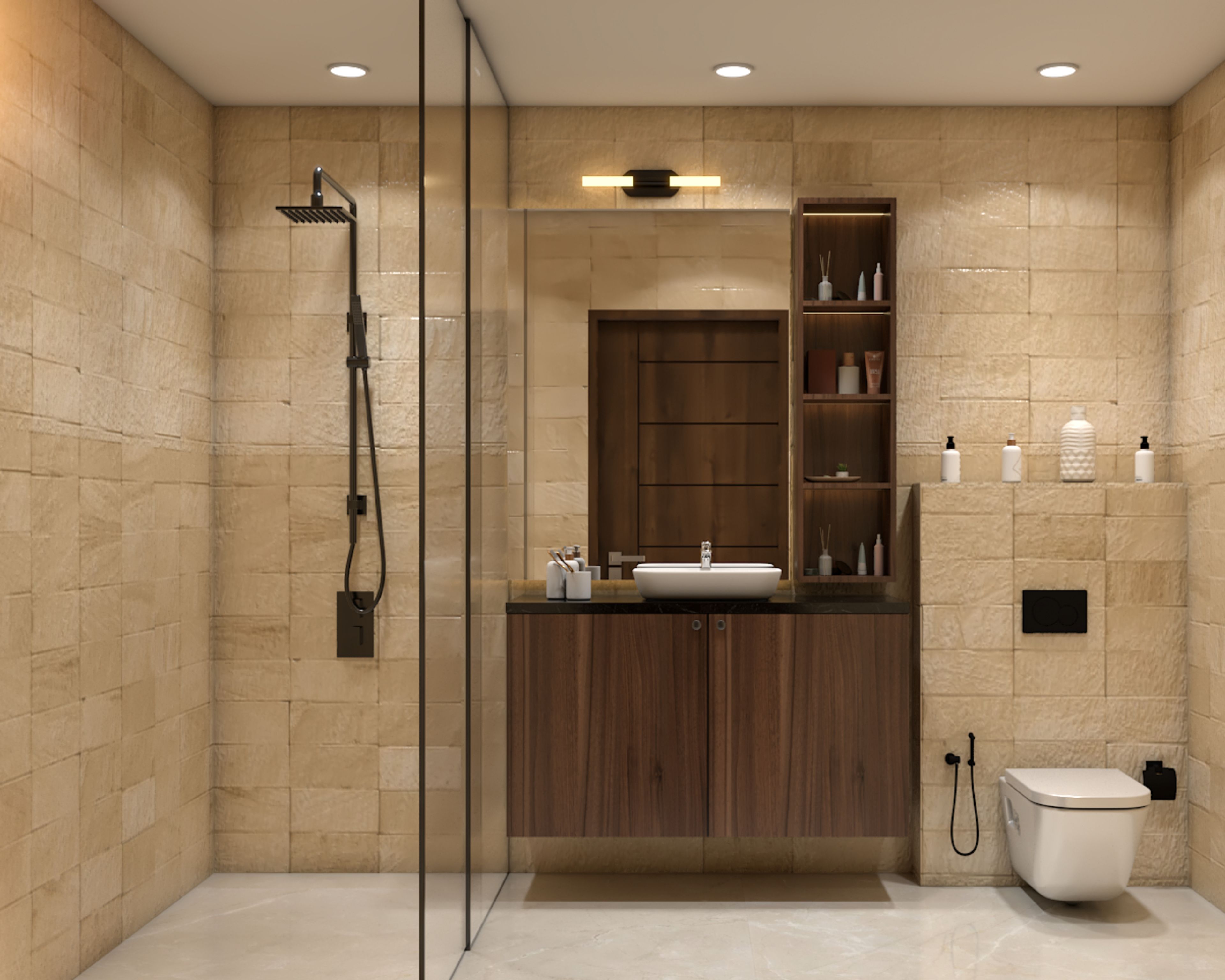 Modern Bathroom Design with Sandstone Walls and Walk-In Shower