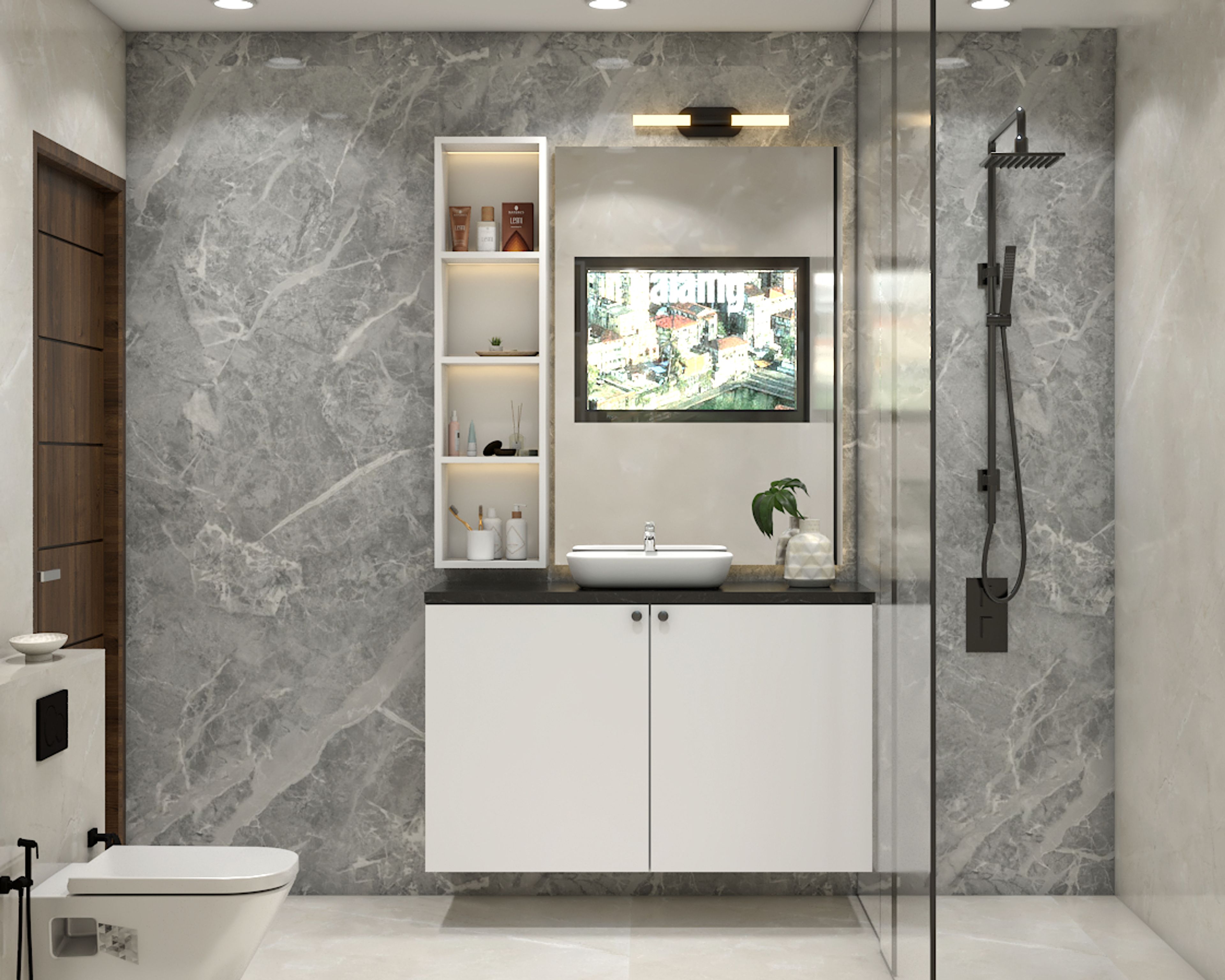 Modern Bathroom Design with Grey Marble Walls and Open Storage