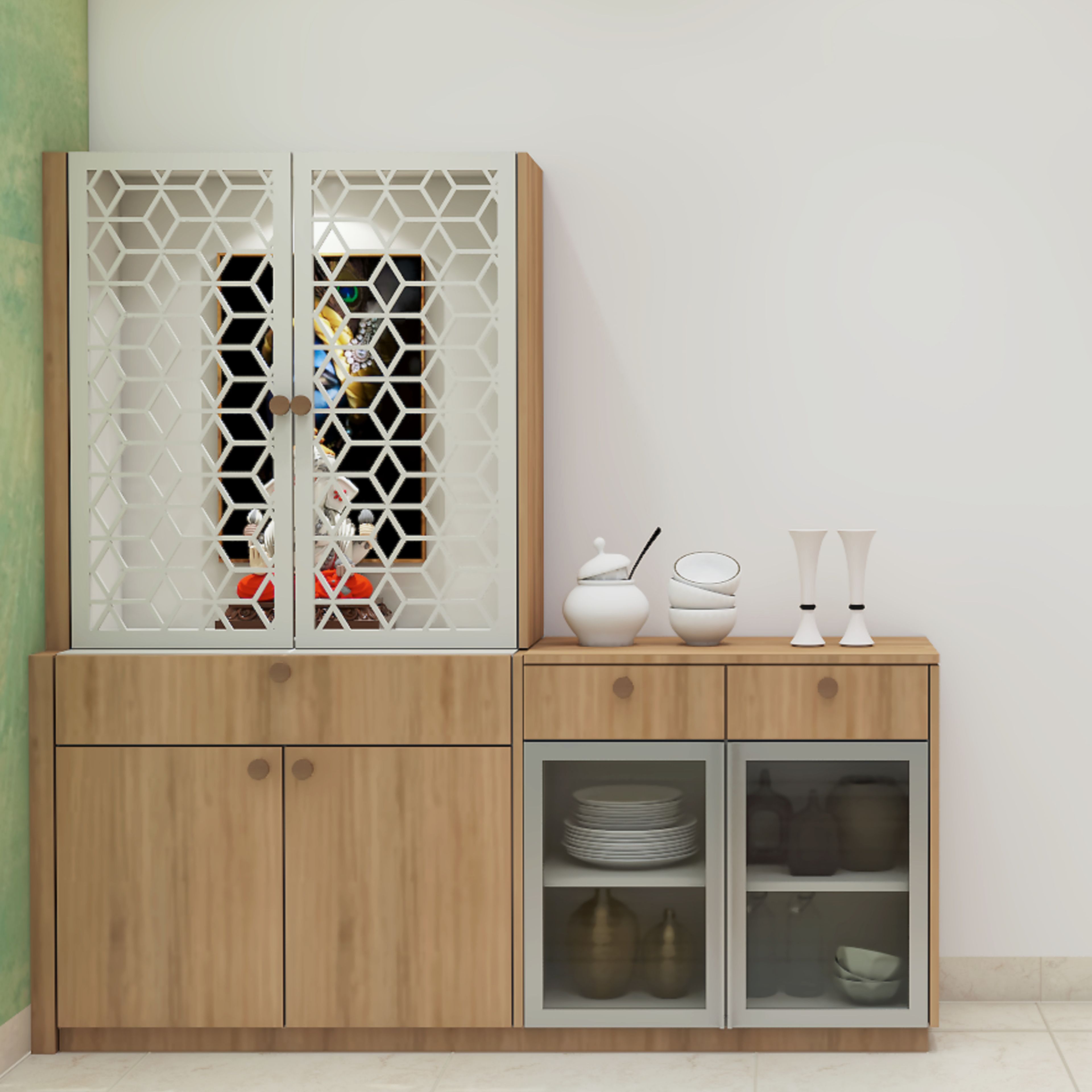 Minimal Crockery Unit Design With Built-In Pooja Design in Teak Finish