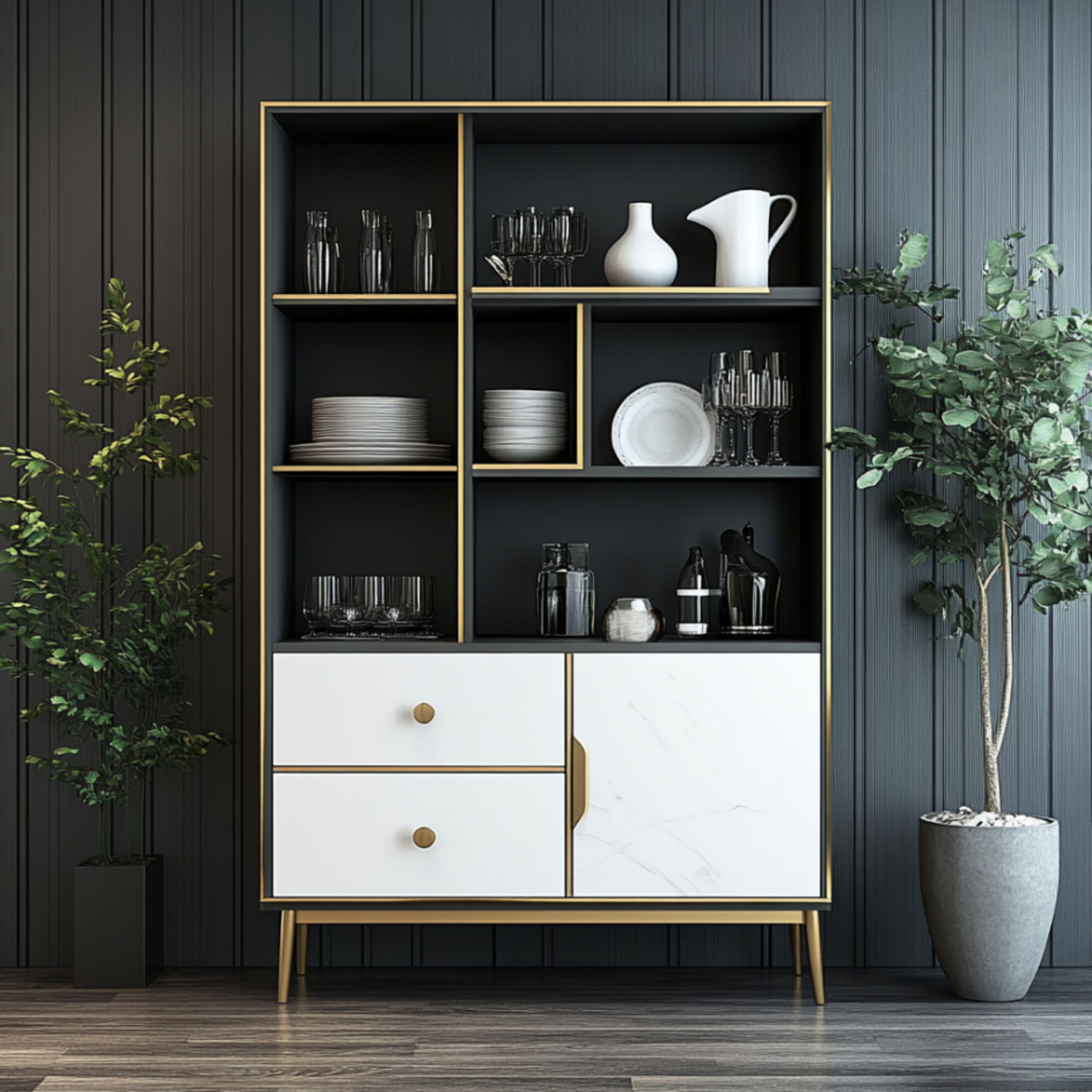 Compact Modern Crockery Unit Design in White and Grey Finish