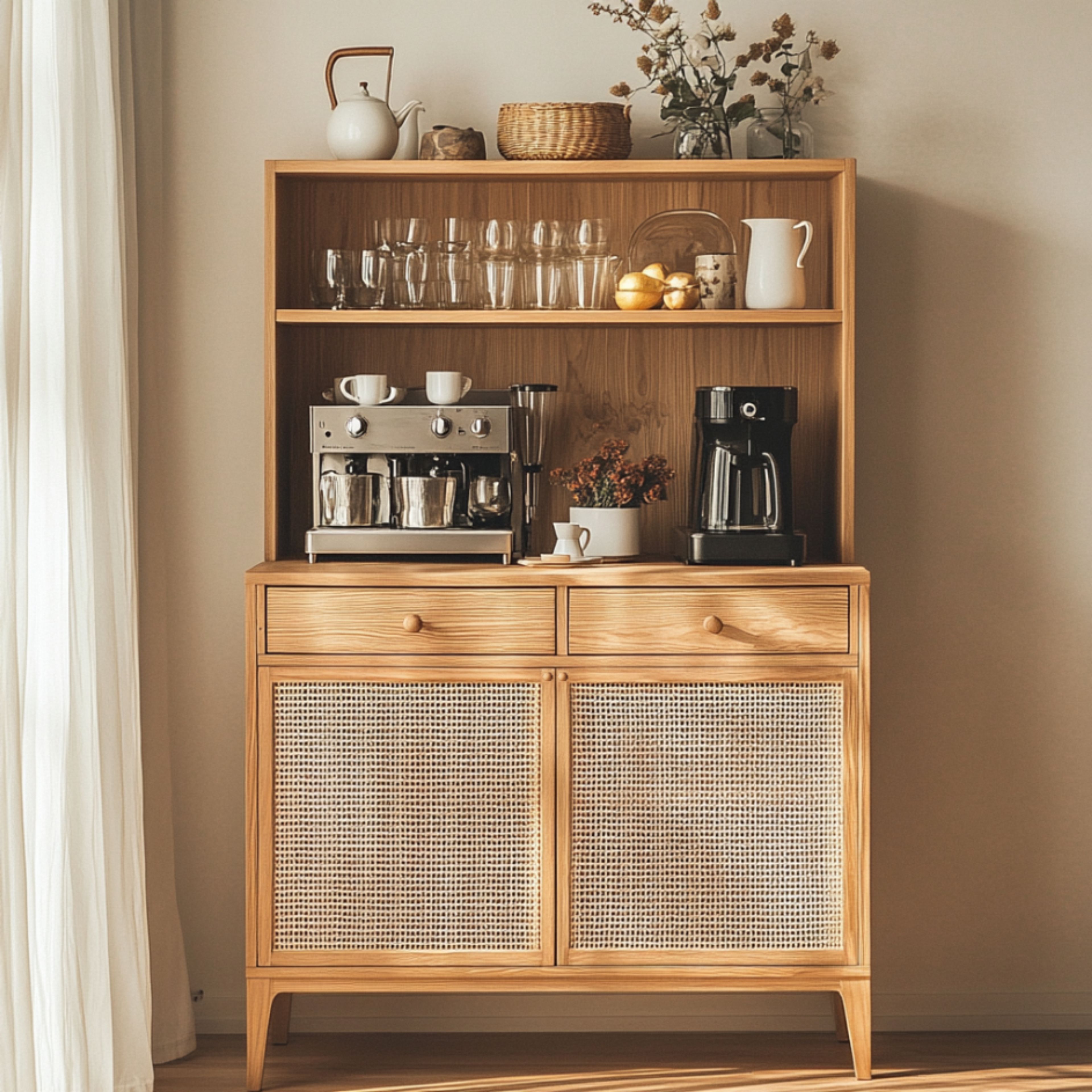 Scandinavian Crockery Unit Design with Cabinets and Open Storage