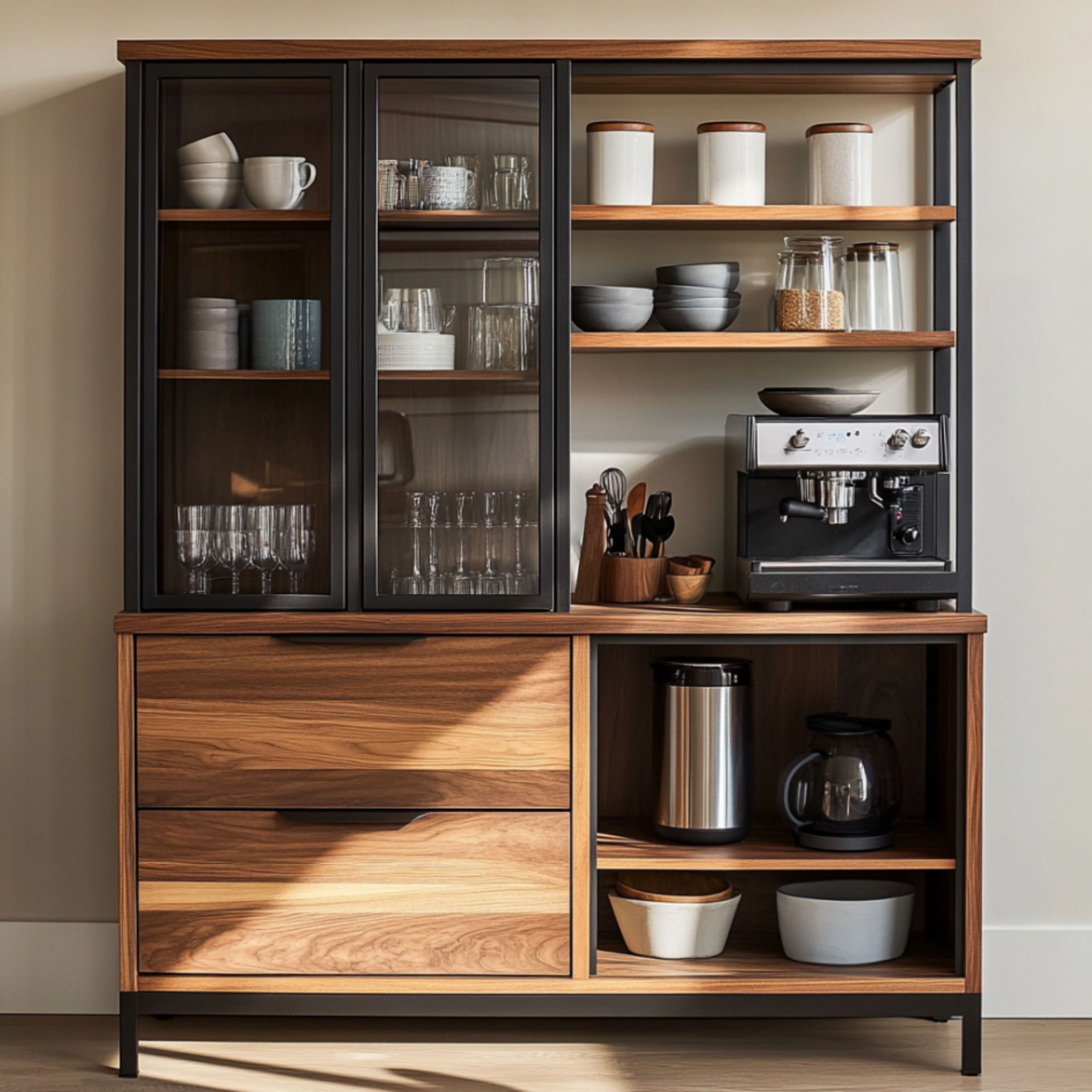 Modern Crockery Unit Design with Cabinets, Drawers, and Open Shelves