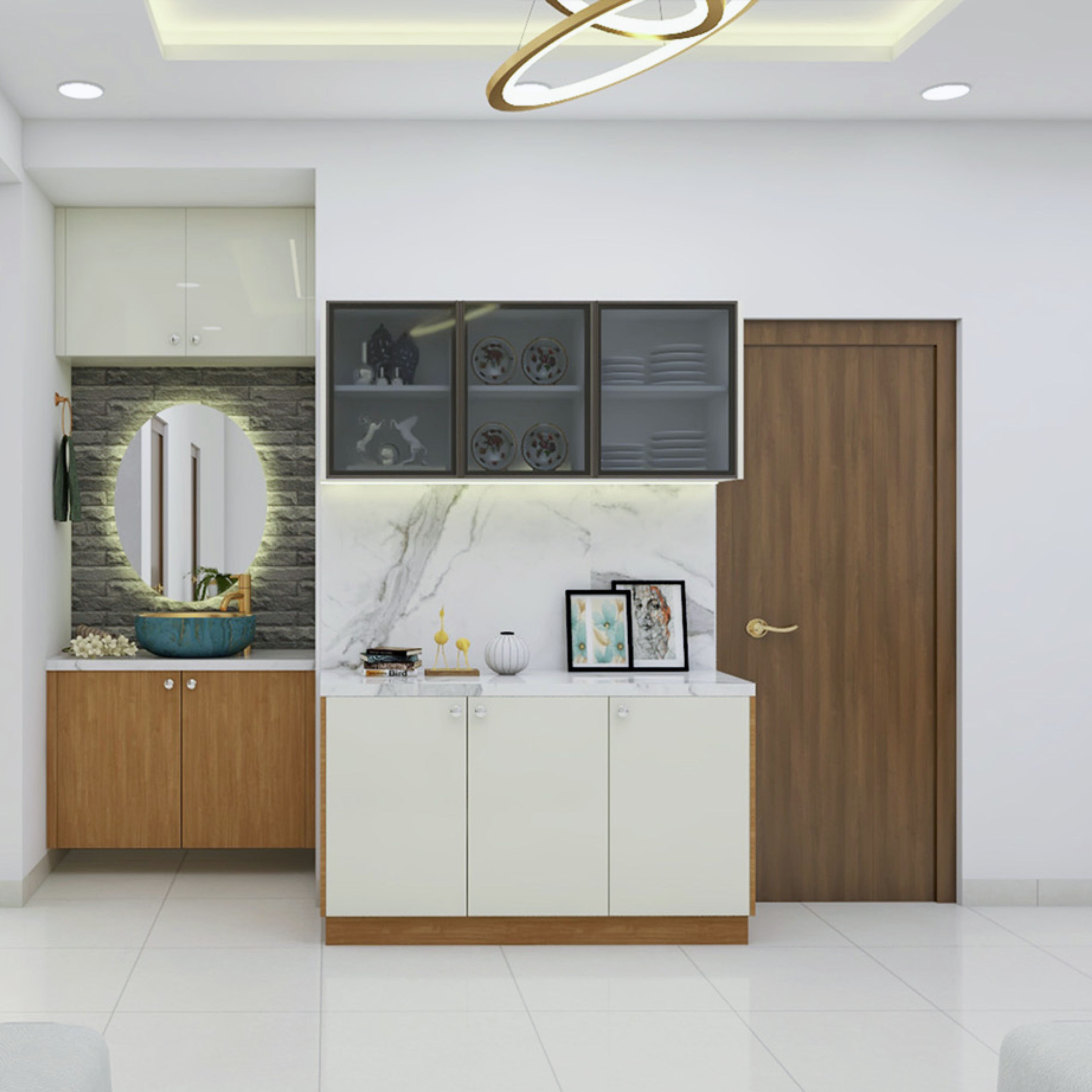 White Crockery Unit With Sleek Cabinet Design