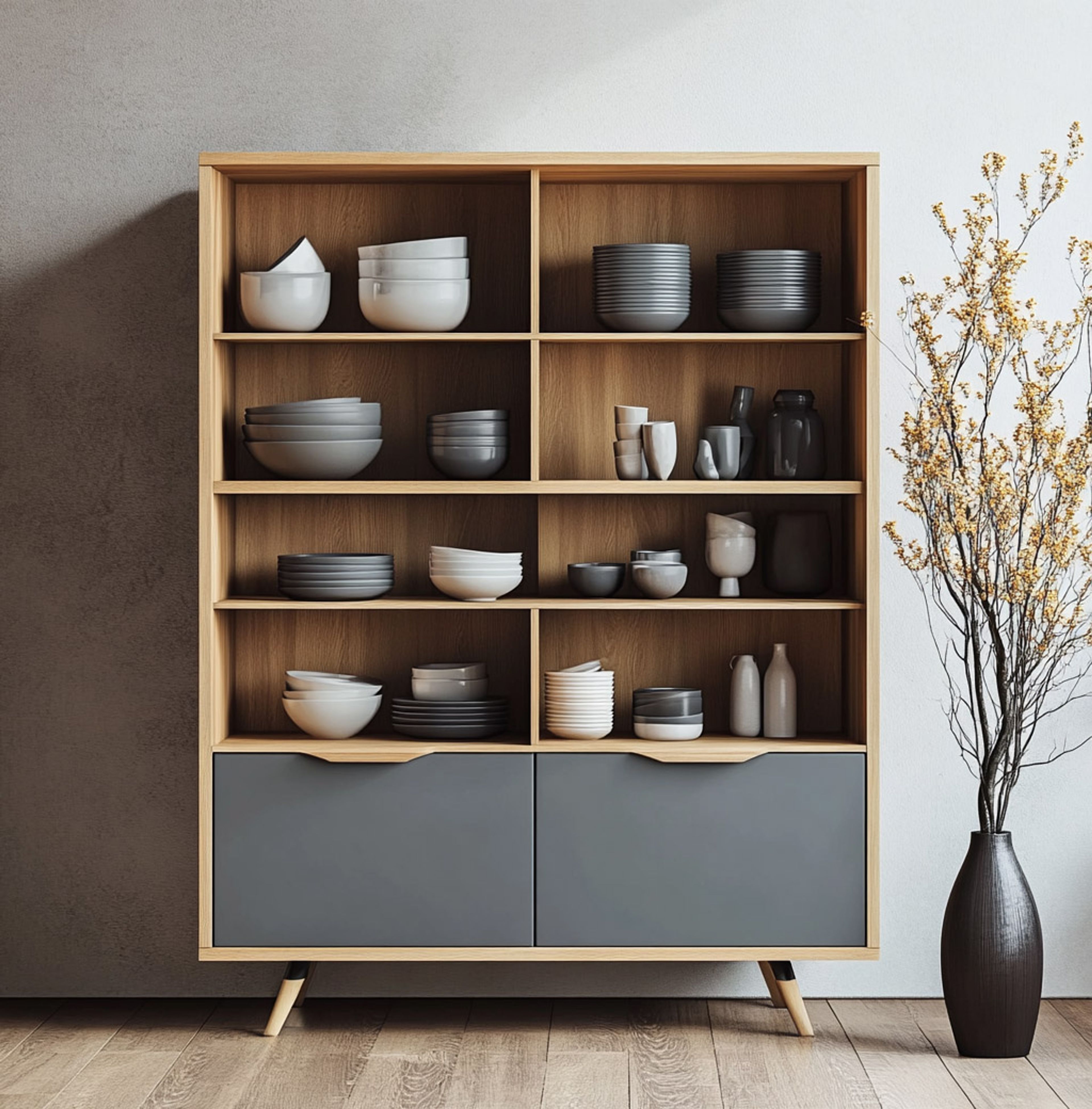 Scandinavian Crockery Unit Design in River Stone and Walnut Finish