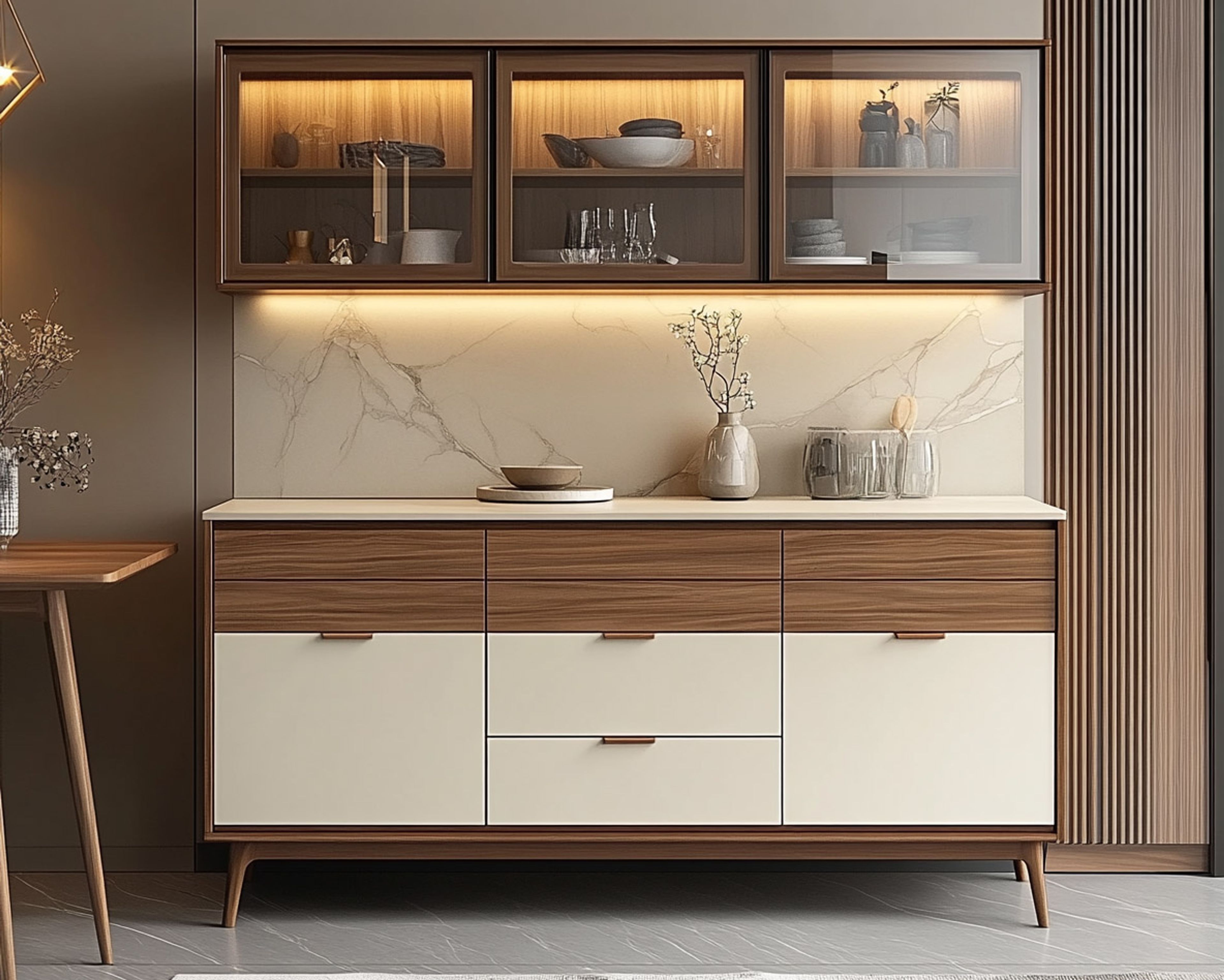 White and Bronze Contemporary Crockery Unit with Glass Cabinets