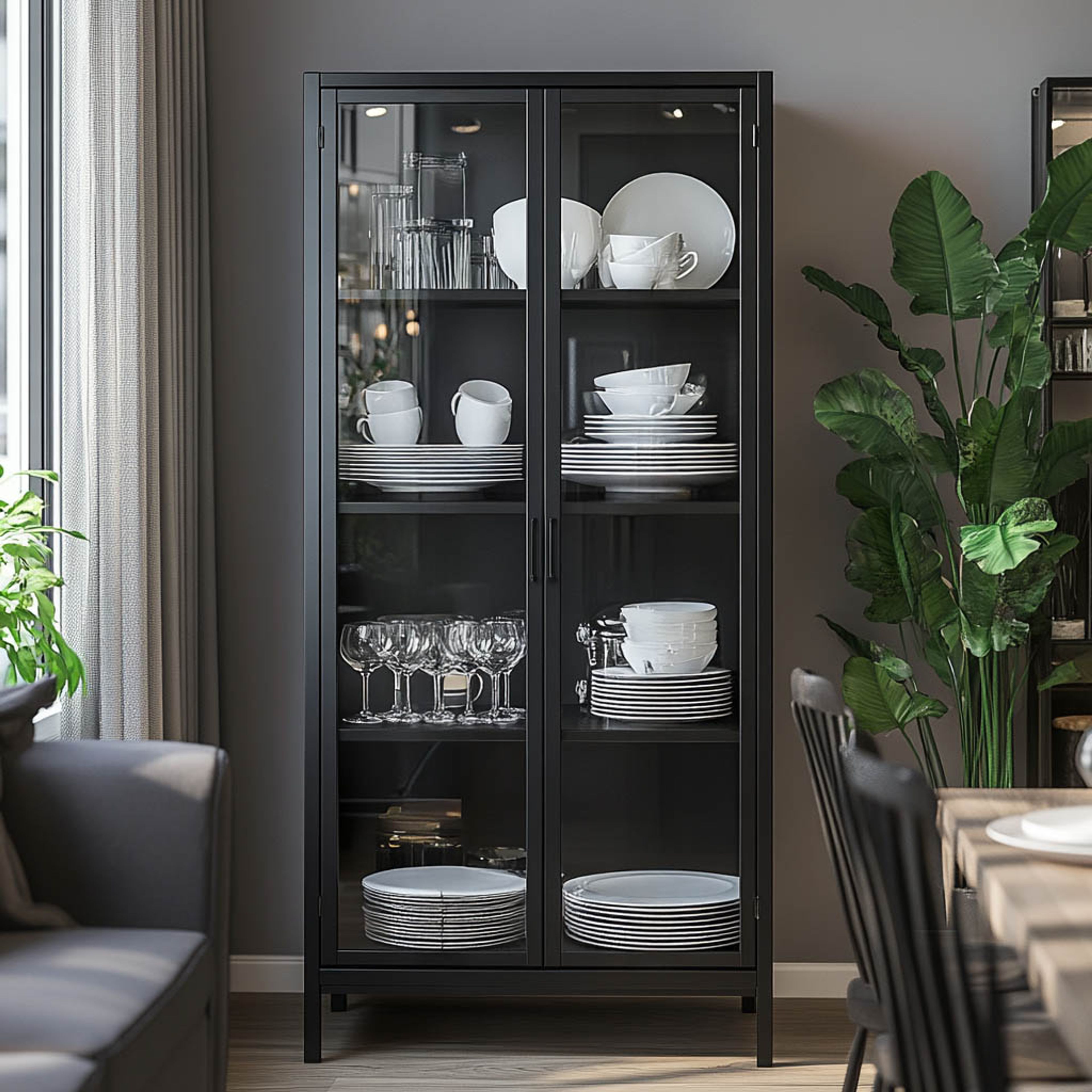 Modern Black Crockery Unit Design With Tall Glass Door Storage