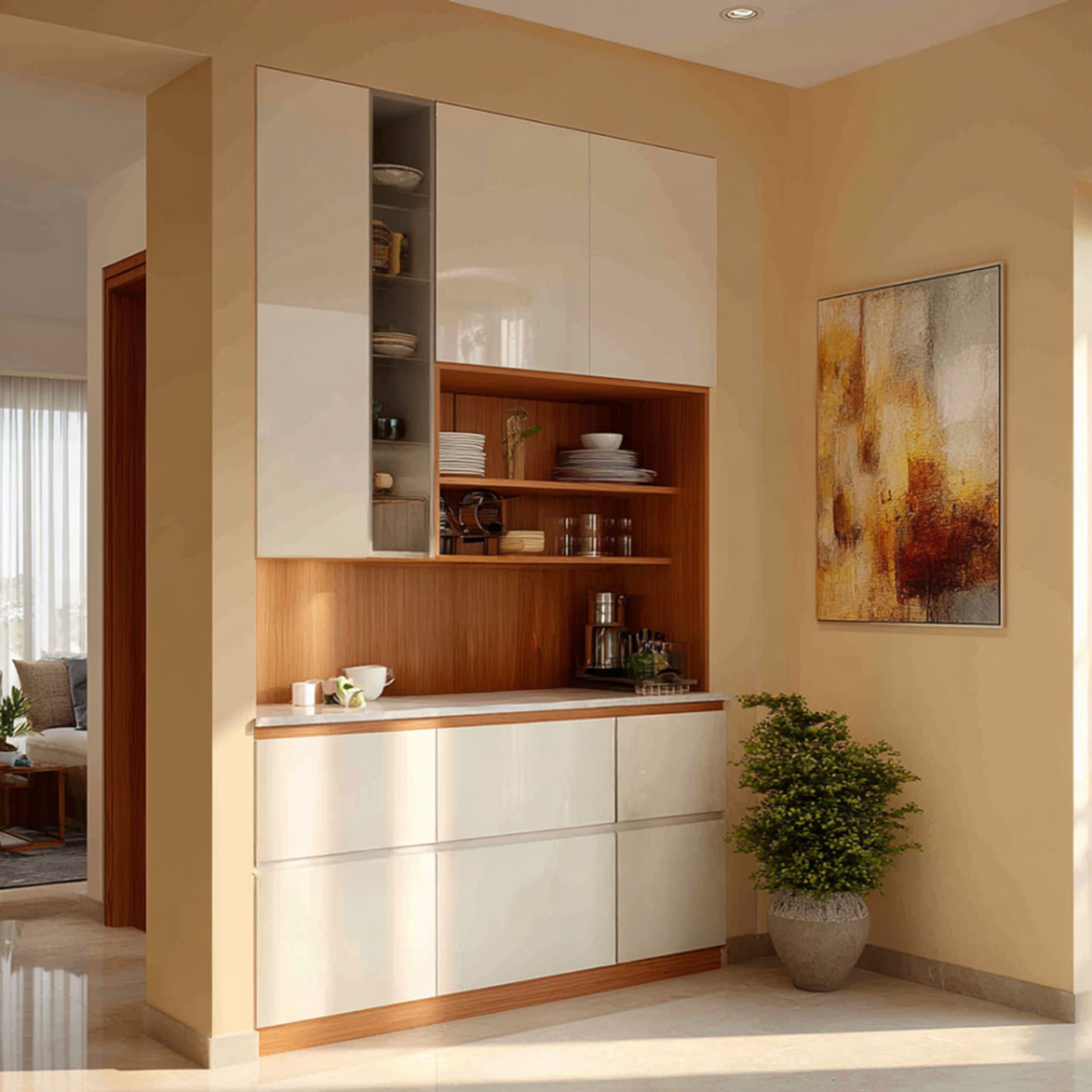 White Modern Crockery Unit Design with High Gloss Finish