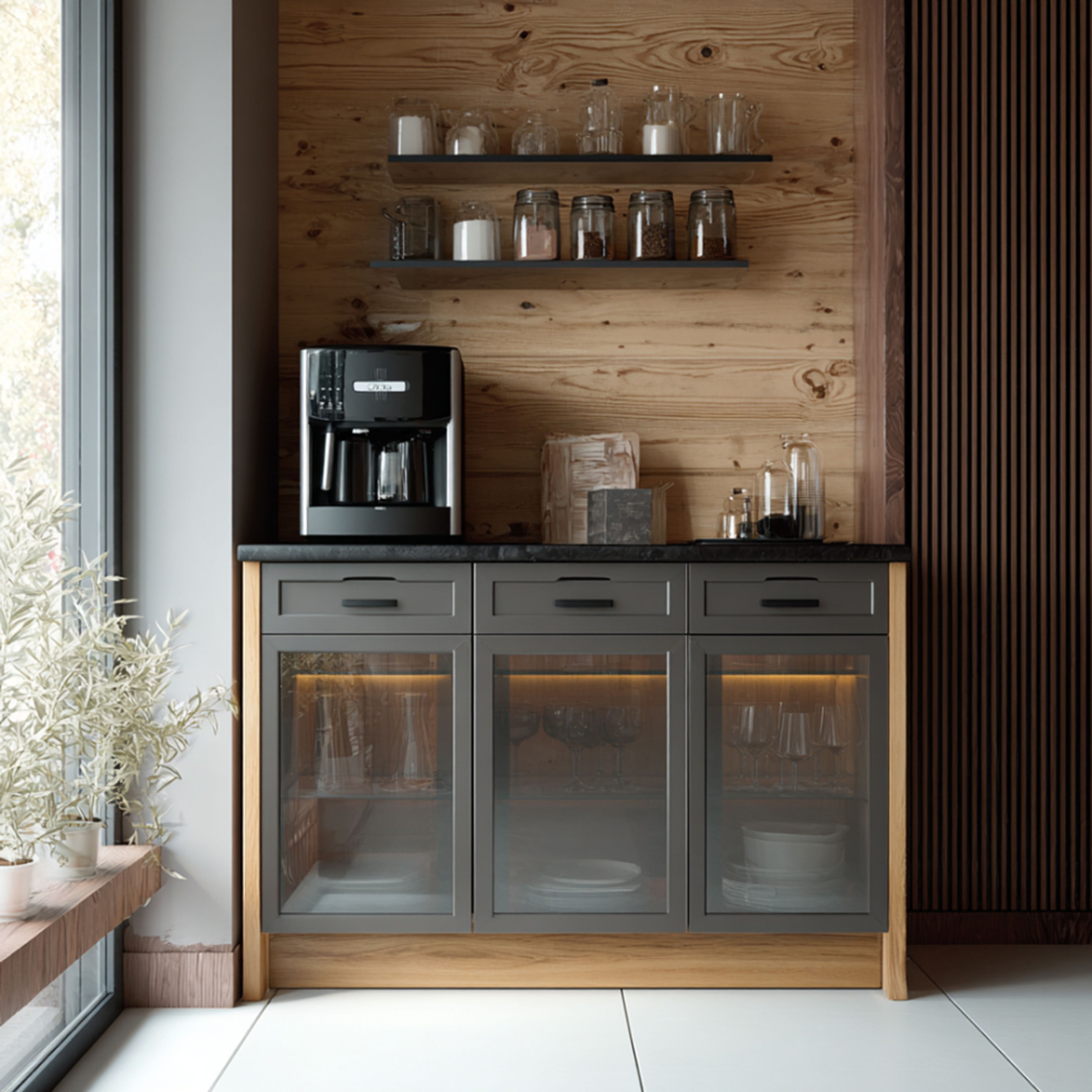 Industrial Crockery Unit Design in Dove Grey and Suede Finish Laminate