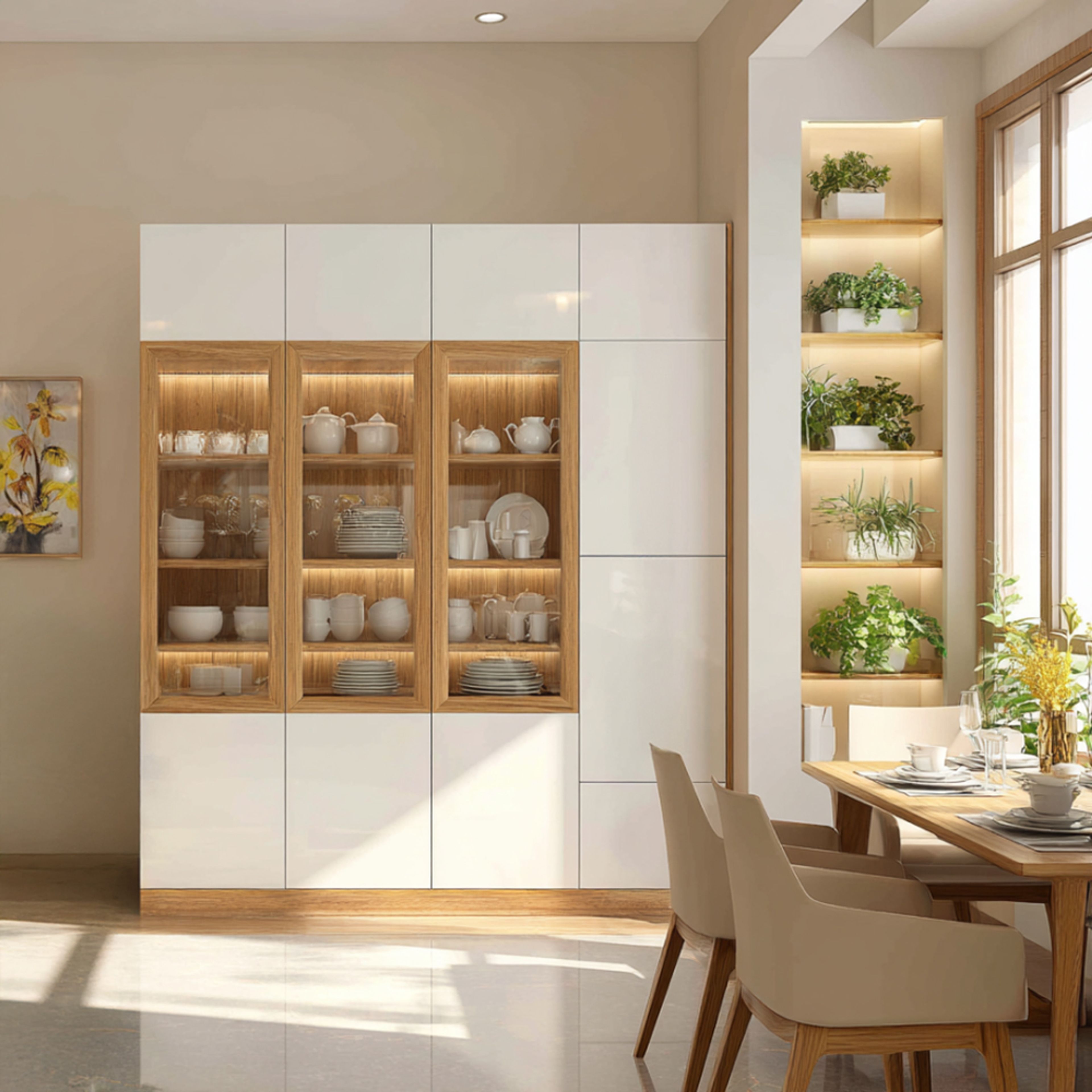 Contemporary White Crockery Unit Design with Glass Cabinets